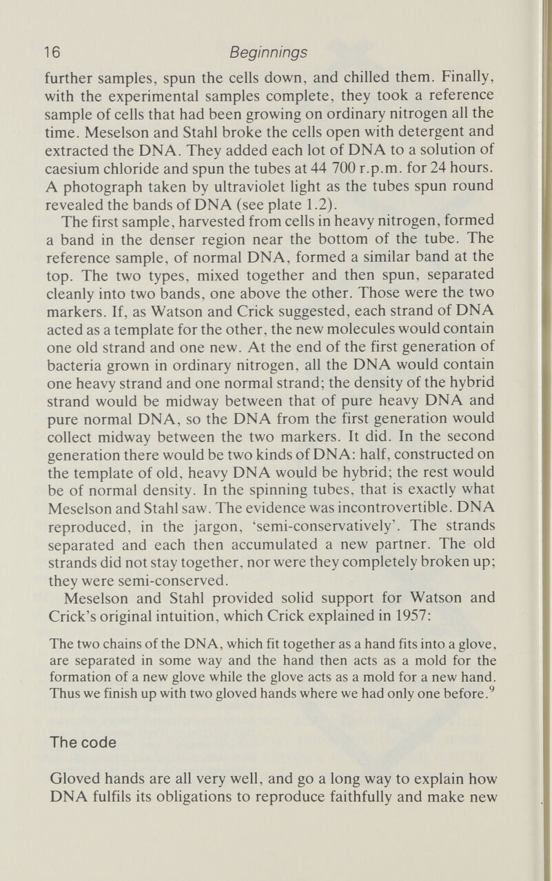 18 Beginnings copies of itself. Still the problem remains of exactly how it stores the information that it duplicates so easily. DNA is just a set of plans; the real workhorses of the cell are proteins. It is proteins that carry out the chemical reactions that sustain life, so it is proteins that must be formed by DNA. Proteins, like nucleic acids, are biopolymers, long chains made up of repeating subunits. The subunits are called 'amino acids', and although there are scores of possible amino acids only 20 of them are found in the proteins made by living cells. They are strung together by so-called 'peptide bonds' to make chains, which may be anywhere from 50 to more than 500 amino acids long. It is the order of amino acids along the peptide chain, the primary struc¬ ture, that determines the shape the protein will take and the tasks it will be able to perform. Fred Sanger, then at the Biochemistry Department of Cambridge University, began in 1945 a mammoth attempt to elucidate the primary structure of one rather small protein, the hormone insulin. This was an extremely bold decision, for it was by no means certain that proteins had a fixed structure, or that they were long polypeptide chains, as J. S. Fruton, a biochem¬ ist turned historian, makes clear: In view of the various speculations during the period 1920-1940, Sanger's decision to embark on a long and difficult task clearly reflected the conviction that proteins are well-defined molecules in which the amino acid units are linked by peptide bonds to form long polypeptide chains. His success, not only in showing this to be true, but also in giving others confidence to attack the sequences of other proteins, marked the end of a century-long collective effort in which many eminent chemists and biologists made important discoveries but also took wrong turnings.^® Sanger's boldness is without question. He got his reward, too. The insulin he obtained as purified crystals from the Boots Pure Drug Co. Ltd Research Department, which of course was interested in the hormone for treating diabetics. People have talked about tonnes of pancreas being involved, but as Sanger told me, 'we probably got through 5-10 grams of this material [crystalline insulin]; this would have corresponded to 50 kilograms of pancreas'.The average cow weighs about 500 kilos, and its pancreas about 400 grams, so Sanger's 10 grams of insulin required about 125 cows, 62 Vi tonnes; but he did not have to do the purification himself.