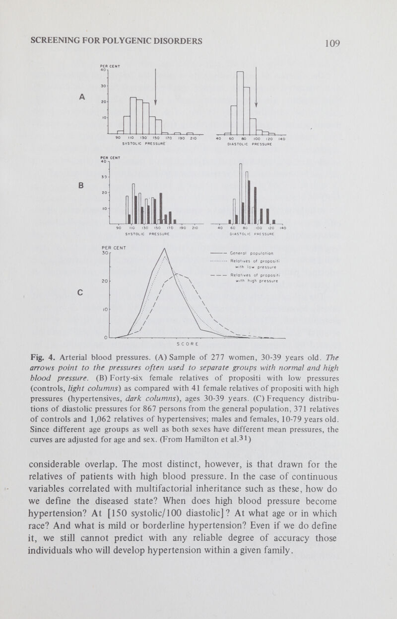 SCREENING FOR POLYGENIC DISORDERS 111 question still remains whether such screening has a therapeutic rationale. As a working principle, we agree with the anonymous editorial which recently advocated: The earlier the physician starts to treat hypertension, and the milder [its] degree, the greater is his responsibility to ensure that treatment is justifiable.^® The authors of the most recent study of the effects of lowering blood pressure in moderately hypertensive individuals (100 to 120 mm Hg) reported entirely inconclusive results.^^ Similarly, the author of a review of systemic hypertension in children concluded that there is Httle information about the efficacy, side effects, or metabolism of the antihypertensive drugs in children of various ages.*® A fair evaluation of the actions predicated on this type of information appears to us to be that it would be unwise ... to embark on clinical trials of the treatment of marginal hypertension in childhood with drugs.We are less sure of the contraindications for instituting therapy in the moderately hypertensive adult, but we must reject the rationale for the notion of mass screening — in the face of present ignorance — expressed by the former Secretary of Health, Education and Welfare, Elliot Richardson: We have no dramatic breakthrough in hypertension, yet ... I am convinced that we have enough knowledge to make a resolution to put [screening] into practice throughout our country. During the decade of the 1970's, physicians are going to become more proficient than before in knowing when and how to treat and detect hypertension.з6 (italics ours) In our view, mass hypertension screening should be conducted on a provisional basis, while screening of high-risk groups, especially young adult blacks, should be encouraged. Detection In spite of the statement that no large series has yet demonstrated the utility of various diagnostic tests for revealing the etiology of persistent hypertension,^® the myth persists that a single sitting or supine blood pressure measurement taken independent of follow-up is all that is needed for a definitive diagnosis. Among the most pressing diagnostic needs is some means of distinguishing labile from essential hypertension. A new means of distinguishing between these two disorders has been proposed, using the presence of increased levels of dopamine-beta-hydroxylase as an indicator.* 1 Although such a marker would undoubtedly lead to a more efficient method for diagnosing persons at risk for developing hyper¬ tension, the developer of the test cautions that we will need a 20 year study to see if all labiles, or only certain ones, will convert to essential hypertension.'* ^