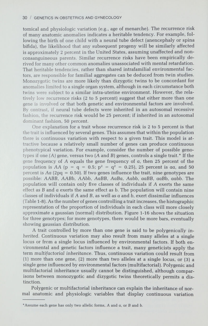 32 / GENETICS IN OBSTETRICS AND GYNECOLOGY malformation occurs (Fraser, 1976) (Fig. 1-17). Phenotypically normal parents with an affected child thus presumably have liabilities nearer the threshold than do most individuals in the general population. The liability might reflect the rate of embryonic growth. If growth occurs too slowly, some essential embryonic step might not be accomplished leading to anomalous development. For example, if the two palatine shelves reach the midline before a given day of development, they fuse and form the secondary palate. After that day the shelves may be too widely separated to fuse, causing cleft palate. The inherited factor (liability) might thus be the rate of growth, with the presence or absence of an anomaly the consequence. Clearly, other factors—e.g., mandible size, tongue size—also influence fusion or nonfusion of the shelves. In humans, several empirical and statistical observations may lead one to suspect that a trait is inherited in polygenic or multifactorial fashion and is manifested only beyond a certain threshold: • The trait, whose incidence is usually about 1 or 2 per 1000 births, usually involves a single organ system. • After one affected child, the risk of recurrence for subsequent sibs is usually 2 to 5 percent, depending upon the particular trait. The risk may increase after two affected progeny but to less than the 25 percent expected for recessive traits or the 50 percent expected for dominant traits. • If the trait is more frequent among members of one sex, the risk for relatives is higher if the proband belongs to the less frequently affected sex. For example, pyloric stenosis occurs more frequently in males than females. Thus, the recurrence risk for subsequent progeny is higher if the proband is female. • The more serious the anomaly, the higher the recurrence risk. For example, bilateral cleft palate carries a higher recurrence risk than unilateral cleft palate. Figure 1-17. Schematic representation of one model for polygenic or multifactorial inheritance, assuming a threshold beyond which liability is so great that an abnormality is manifested. Parents of affected individuals presumably have a greater liability (i.e., are closer to the threshold) than most other individuals in the population. (From Simp¬ son JL: Disorders of Sexual Differentiation. Etiology and Clinical Delineation. New York: Academic Press, 1976, p 43. Reprinted with permission.)