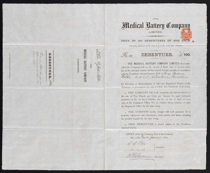 Issue of 100 debentures of £100 each : carrying interest at the rate of £10 per cent. per annum / The Medical Battery Company Limited.