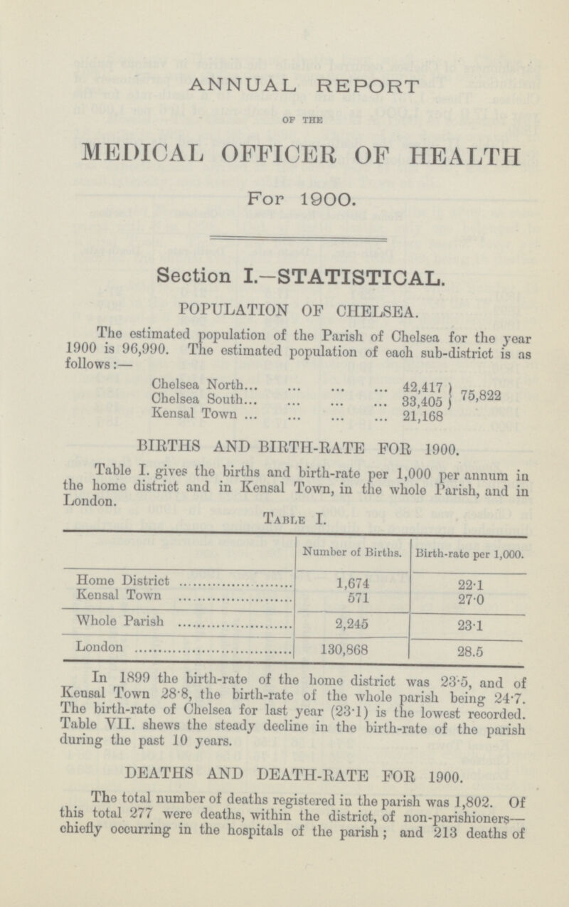 ANNUAL REPORT OF THE MEDICAL OFFICER OF HEALTH For 1900. Section I.-STATISTICAL. POPULATION OF CHELSEA. The estimated population of the Parish of Chelsea for the year 1900 is 96,990. The estimated population of each sub-district is as follows:— Chelsea North 42,417 75, 882 Chelsea South 33,405 Kensal Town 21,168 BIRTHS AND BIRTH-RATE FOR 1900. Table I. gives the births and birth-rate per 1,000 per annum in the homo district and in Kensal Town, in the whole Parish, and in London. Table I. Number of Births. Birth-rato per 1,000. Home District 1,674 22.1 Kensal Town 571 27.0 Whole Parish 2,245 23.1 London 130,868 28.5 In 1899 the birth-rate of the home district was 235, and of Kensal Town 28.8, the birth-rate of the whole parish being 24.7. The birth-rate of Chelsea for last year (23.l) is the lowest recorded. Table VII. shews the steady decline in the birth-rate of the parish during the past 10 years. DEATHS AND DEATH-RATE FOR 1900. The total number of deaths registered in the parish was 1,802. Of this total 277 were deaths, within the district, of non-parishioners— chiefly occurring in the hospitals of the parish; and 213 deaths of