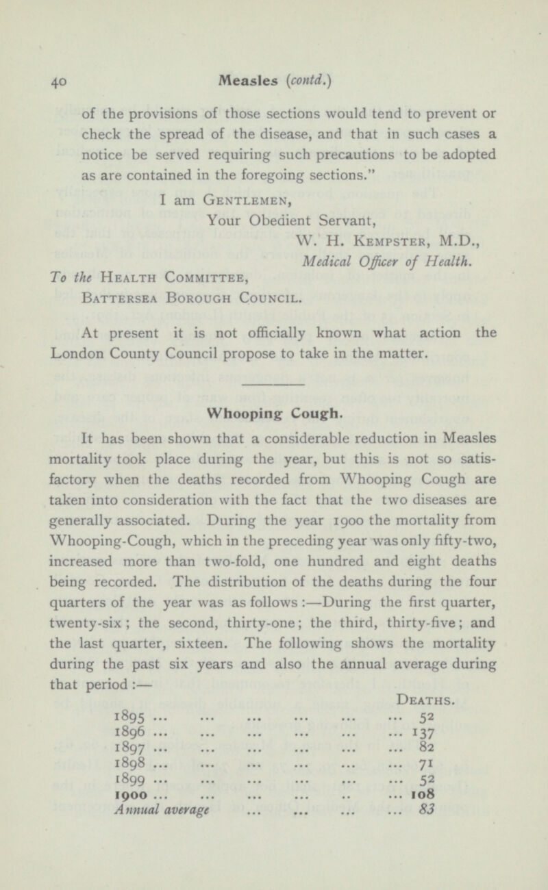 of the provisions of those sections would tend to prevent or check the spread of the disease, and that in such cases a notice be served requiring such precautions to be adopted as are contained in the foregoing sections. I am Gentlemen, Your Obedient Servant, W. H. Kempster, M.D., Medical Officer of Health. To the Health Committee, Battersea Borough Council. At present it is not officially known what action the London County Council propose to take in the matter. Whooping Cough. It has been shown that a considerable reduction in Measles mortality took place during the year, but this is not so satis factory when the deaths recorded from Whooping Cough are taken into consideration with the fact that the two diseases are generally associated. During the year 1900 the mortality from Whooping-Cough, which in the preceding year was only fifty-two, increased more than two-fold, one hundred and eight deaths being recorded. The distribution of the deaths during the four quarters of the year was as follows : —During the first quarter, twenty-six; the second, thirty-one; the third, thirty-five; and the last quarter, sixteen. The following shows the mortality during the past six years and also the annual average during that period : — Deaths. 1895 52 1896 137 1897 82 1898 71 1899 52 1900 108 Annual average 83