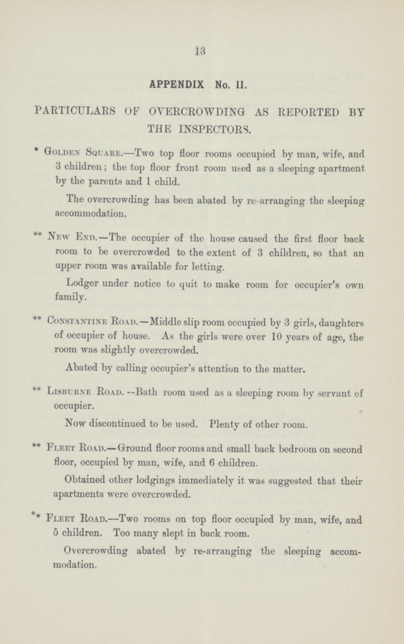 13 APPENDIX No. II. PARTICULARS OF OVERCROWDING AS REPORTED BY THE INSPECTORS. * Golden Square.—Two top floor rooms occupied by man, wife, and 3 children; the top floor front room us-ed as a sleeping apartment by the parents and 1 child. The overcrowding has been abated by re-arranging the sleeping accommodation. ** New End.—The occupier of the house caused the first floor back room to be overcrowded to the extent of 3 children, so that an upper room was available for letting. Lodger under notice to quit to make room for occupier's own family. ** Constantine Road.—Middle slip room occupied by 3 girls, daughters of occupier of house. As the girls were over 10 years of age, the room was slightly overcrowded. Abated by calling occupier's attention to the matter. ** Lisburne Road.—Bath room used as a sleeping room by servant of occupier. Now discontinued to be used. Plenty of other room. ** Fleet Road.—Ground floor rooms and small back bedroom on second floor, occupied by man, wife, and 6 children. Obtained other lodgings immediately it was suggested that their apartments were overcrowded. '* Fleet Road.—Two rooms on top floor occupied by man, wife, and 5 children. Too many slept in back room. Overcrowding abated by re-arranging the sleeping accom modation.