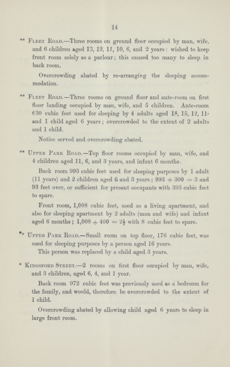 14 ** Fleet Road.— Three rooms on ground floor occupied by man, wife, and 6 children aged 13, 12, 13, 10, 6, and 2 years: wished to keep front room solely as a parlour; this caused too many to sleep in back room. Overcrowding abated by re-arranging the sleeping accom modation. ** Fleet Road.—Three rooms on ground floor and ante-room on first floor landing occupied by man, wife, and 5 children. Ante-room 630 cubic feet used for sleeping by 4 adults aged 18, 15, 12, 11, and 1 child aged 6 years; overcrowded to the extent of 2 adults and 1 child. Notice served and overcrowding abated. ** Upper Park Road.—Top floor rooms occupied by man, wife, and 4 children aged 11, 6, and 3 years, and infant 6 months. Back room 993 cubic feet used for sleeping purposes by 1 adult (11 years) and 2 children aged 6 and 3 years; 993 ÷ 300 = 3 and 93 feet over, or sufficient for present occupants with 393 cubic feet to spare. Front room, 1,008 cubic feet, used as a living apartment, and also for sleeping apartment by 2 adults (man and wife) and infant aged 6 months; 1,008 ÷ 400 = 2½ with 8 cubic feet to spare. ** Upper Park Road.—Small room on top floor, 176 cubic feet, was used for sleeping purposes by a person aged 16 years. This person was replaced by a child aged 3 years. * Kingsford Street.—2 rooms on first floor oocupied by man, wife, and 3 children, aged 6, 4, and 1 year. Back room 972 cubic feet was previously used as a bedroom for the family, and would, therefore be overcrowded to the extent of 1 child. Overcrowding abated by allowing child aged 6 years to sleep in large front room.
