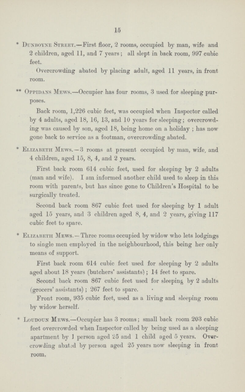 15 * Dunboyne Street.— First floor, 2 rooms, occupied by man, wife and 2 children, aged 11, and 7 years; all slept in back room, 997 cubic feet. Overcrowding abated by placing adult, aged 11 years, in front room. ** Oppidans Mews.—Occupier has four rooms, 3 used for sleeping pur poses. Back room, 1,226 cubic feet, was occupied when Inspector called by 4 adults, aged 18, 16, 13, and 10 years for sleeping; overcrowd ing was caused by son, aged 18, being home on a holiday; has now gone back to service as a footman, overcrowding abated. * Elizabeth Mews. —3 rooms at present occupied by man, wife, and 4 children, aged 15, 8, 4, and 2 years. First back room 614 cubic feet, used for sleeping by 2 adults (man and wife). I am informed another child used to sleep in this room with parents, but has since gone to Children's Hospital to be surgically treated. Second back room 867 cubic feet used for sleeping by 1 adult aged 15 years, and 3 children aged 8, 4, and 2 years, giving 117 cubic feet to spare. * Elizabeth Mews.—Three rooms occupied by widow who lets lodgings to siogle men employed in the neighbourhood, this being her only means of support. First back room 614 cubic feet used for sleeping by 2 adults aged about 18 years (butchers' assistants); 14 feet to spare. Second back room 867 cubic feet used for sleeping by 2 adults (grocers' assistants); 267 feet to spare. Front room, 935 cubic feet, used as a living and sleeping room by widow herself. * Loudoun Mews.—Occupier has 3 rooms; small back room 203 cubic feet overcrowded when Inspector called by being used as a sleeping apartment by 1 person aged 25 and 1 child aged 5 years. Over crowding abated by person aged 25 years now sleeping in front room.