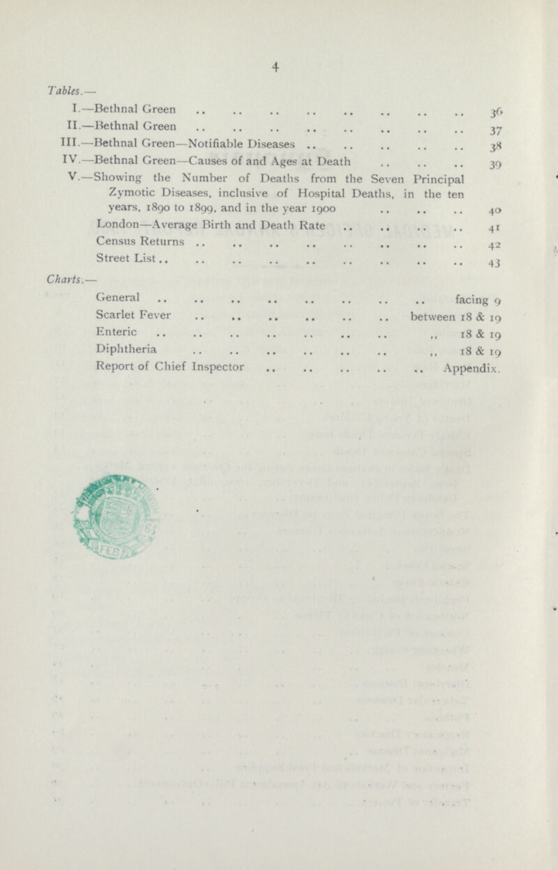 4 Tables — I.—Betlinal Green . 36 II.—Bethnal Green 37 III.—Bethnal Green—Notifiable Diseases 38 IV.—Bethnal Green—Causes of and Ages at Death 39 V.—Showing the Number of Deaths from the Seven Principal Zymotic Diseases, inclusive of Hospital Deaths, in the ten years, 1890 to 1899, and in the year 1900 40 London—Average Birth and Death Rate 41 Census Returns 42 Street List 43 Charts.— General facing 9 Scarlet Fever between 18 & 19 Enteric ,, 18 & 19 Diphtheria „ 18 & 19 Report of Chief Inspector ,, Appendix.