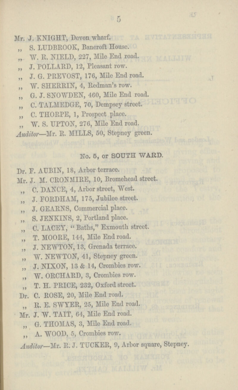 5 Mr. J. KNIGHT, Devon wharf. ,, S. LUDBROOK, Bancroft House. „ W. R. NIELD, 227, Mile End road. ,, J. POLLARD, 12, Pleasant row. „ J. G. PREVOST, 176, Mile End road. „ W. SHERRIN, 4, Redman's row. „ G. J. SNOWDEN, 460, Mile End road. „ C. TALMEDGE, 70, Dempsey street. ,, C. THORPE, 1, Prospect place. ,, W. S. UPTON, 276, Mile End road. Auditor—Mr. R. MILLS, 50, Stepney green. No. 5, or SOUTH WARD. Dr. F. AUBIN, 18, Arbor terrace. Mr. J. M. CRONMIRE, 10, Bromehead street. ,, C. DANCE, 4, Arbor street, West. „ J. FORDHAM, 175, Jubilee street. ,, J. GEARNS, Commercial place. „ S. JENKINS, 2, Portland place. „ C. LACEY, Baths, Exmouth street. „ T. MOORE, 144, Mile End road. „ J. NEWTON, 13, Grenada terrace. „ W. NEWTON, 41, Stepney green. ,, J. NIXON, 13 & 14, Crombies row. „ W. ORCHARD, 3, Crombies row. „ T. H. PRICE, 232, Oxford street. Dr. C. ROSE, 20, Mile End road. „ R. E. SWYER, 25, Mile End road. Mr. J. W. TAIT, 64, Mile End road. „ G. THOMAS, 3, Mile End road. ,, A. WOOD, 5, Crombies row. Auditor—Mr. R. J. TUCKER, 9, Arbor square, Stepney.