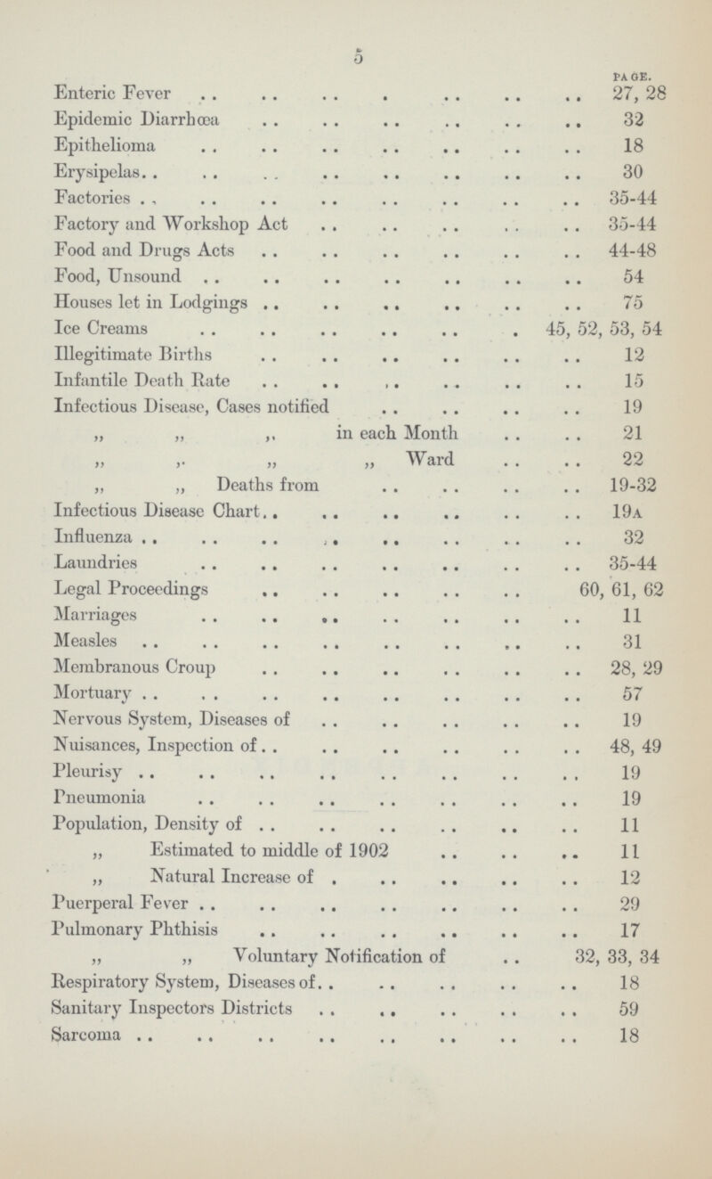 5 Page. Enteric Fever 27, 28 Epidemic Diarrhoea 32 Epithelioma 18 Erysipelas 30 Factories 35-44 Factory and Workshop Act 35-44 Food and Drugs Acts 44-48 Food, Unsound 54 Houses let in Lodgings 75 Ice Creams 45, 52, 53, 54 Illegitimate Births 12 Infantile Death Rate 15 Infectious Disease, Cases notified 19 „ „ ,, in each Month 21 „ Ward 22 „ ,, Deaths from 19-32 Infectious Disease Chart 19a Influenza 32 Laundries 35-44 Legal Proceedings 60, 61, 62 Marriages 11 Measles 31 Membranous Croup 28, 29 Mortuary 57 Nervous System, Diseases of 19 Nuisances, Inspection of 48, 49 Pleurisy 19 Pneumonia 19 Population, Density of 11 „ Estimated to middle of 1902 11 „ Natural Increase of 12 Puerperal Fever 29 Pulmonary Phthisis 17 „ „ Voluntary Notification of 32, 33, 34 Respiratory System, Diseases of 18 Sanitary Inspectors Districts 59 Sarcoma 18