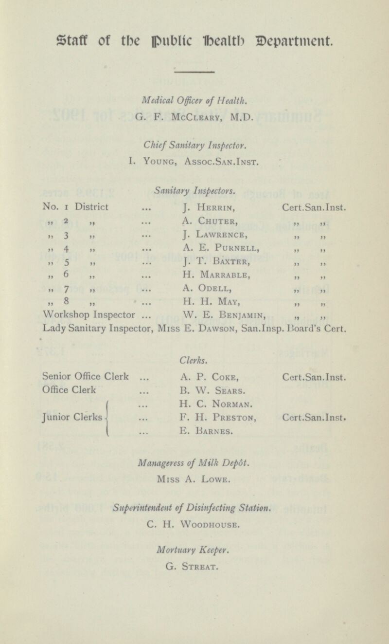 Staff of the public Health Department. Medical Officer of Health. G. F. McCleary, M.D. Chief Sanitary Inspector. I. Young, Assoc.San.Inst. Sanitary Inspectors. No. 1 District J. Herrin, Cert.San.Inst. „ 2 „ A.Chuter. „ „ „ 3„ J.Lawrence. „ „ „ 4„ A.E.Purnell, „ „ „ 5 „ H. T. Baxter, „ „ „ 6 „ H.Marrable, „ „ „ 7 „ A.Odell, „ „ „ 8 „ H.H. May, „ „ Workshop Inspector W. E. Benjamin, „ „ Lady Sanitary Inspector, Miss E. Dawson, San.Insp. Board's Cert. Clerks. Senior Office Clerk A. P. Coke, Cert.San.Inst. Office Clerk B. W. Sears. H. C. Norman. Junior Clerks F. H. Preston, Cert.San.Inst. E. Barnes. Manageress of Milk Depot. Miss A. Lowe. Superintendent of Disinfecting Station. C. H. Woodhouse. Mortuary Keeper. G. Streat.