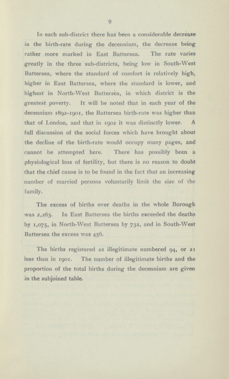 In each sub-district there has been a considerable decrease in the birth-rate during the decennium, the decrease being rather more marked in East Battersea. The rate varies greatly in the three sub-districts, being low in South-West Battersea, where the standard of comfort is relatively high, higher in East Battersea, where the standard is lower, and highest in North-West Battersea, in which district is the greatest poverty. It will be noted that in each year of the decennium 1892-1901, the Battersea birth-rate was higher than that of London, and that in 1902 it was distinctly lower. A full discussion of the social forces which have brought about the decline of the birth-rate would occupy many pages, and cannot be attempted here. There has possibly been a physiological loss of fertility, but there is no reason to doubt that the chief cause is to be found in the fact that an increasing number of married persons voluntarily limit the size of the family. The excess of births over deaths in the whole Borough was 2,263. In East Battersea the births exceeded the deaths by 1,075, in North-West Battersea by 732, and in South-West Battersea the excess was 456. The births registered as illegitimate numbered 94, or 21 less than in 1901. The number of illegitimate births and the proportion of the total births during the decennium are given in the subjoined table.