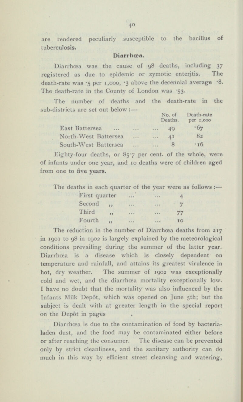 40 are rendered peculiarly susceptible to the bacillus of tuberculosis. Diarrhoea. Diarrhoea was the cause of 98 deaths, including 37 registered as due to epidemic or zymotic enteritis. The death-rate was .5 per 1,000, .3 above the decennial average .8. The death-rate in the County of London was .53. The number of deaths and the death-rate in the sub-districts are set out below:— No. of Deaths. Death-rate per 1,000 East Battersea 67 49 North-West Battersea 4 1 82 South-West Battersea 8 16 Eighty-four deaths, or 85.7 per cent, of the whole, were of infants under one year, and 10 deaths were of children aged from one to five years. The deaths in each quarter of the year were as follows:— First quarter 4 Second 7 Third 77 Fourth 10 The reduction in the number of Diarrhoea deaths from 217 in 1901 to 98 in 1902 is largely explained by the meteorological conditions prevailing during the summer of the latter year. Diarrhoea is a disease which is closely dependent on temperature and rainfall, and attains its greatest virulence in hot, dry weather. The summer of 1902 was exceptionally cold and wet, and the diarrhoea mortality exceptionally low. I have no doubt that the mortality was also influenced by the Infants Milk Depot, which was opened on June 5th; but the subject is dealt with at greater length in the special report on the Depøt in pages Diarrhoea is due to the contamination of food by bacterialaden dust, and the food may be contaminated either before or after reaching the consumer. The disease can be prevented only by strict cleanliness, and the sanitary authority can do much in this way by efficient street cleansing and watering,