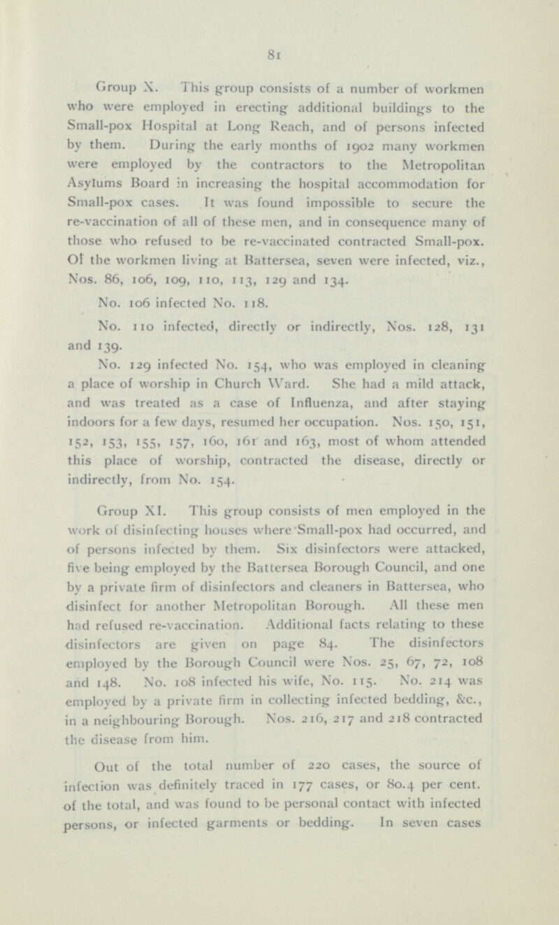 Group X. This group consists of a number of workmen who were employed in erecting additional buildings to the Small-pox Hospital at Long Reach, and of persons infected by them. During the early months of 1902 many workmen were employed by the contractors to the Metropolitan Asylums Board in increasing the hospital accommodation for Small-pox cases. It was found impossible to secure the re-vaccination of all of these men, and in consequence many of those who refused to be re-vaccinated contracted Small-pox. Of the workmen living at Battersea, seven were infected, viz., Nos. 86, 106, 109, 110, 113, 129 and 134. No. 106 infected No. 118. No. no infected, directly or indirectly, Nos. 128, 131 and 139. No. 129 infected No. 154, who was employed in cleaning a place of worship in Church Ward. She had a mild attack, and was treated as a case of Influenza, and after staying indoors for a few days, resumed her occupation. Nos. 150, 151, 152, 153, 155, 157, 160, 161 and 163, most of whom attended this place of worship, contracted the disease, directly or indirectly, from No. 154. Group XI. This group consists of men employed in the work of disinfecting houses where Small-pox had occurred, and of persons infected by them. Six disinfectors were attacked, five being employed by the Battersea Borough Council, and one by a private firm of disinfectors and cleaners in Battersea, who disinfect for another Metropolitan Borough. All these men had refused re-vaccination. Additional facts relating to these disinfectors are given on page 84. The disinfectors employed by the Borough Council were Nos. 25, 67, 72, 108 and 148. No. 108 infected his wife, No. 115. No. 214 was employed by a private firm in collecting infected bedding, &c., in a neighbouring Borough. Nos. 216, 217 and 218 contracted the disease from him. Out of the total number of 220 cases, the source of infection was definitely traced in 177 cases, or 80.4 per cent. of the total, and was found to be personal contact with infected persons, or infected garments or bedding. In seven cases