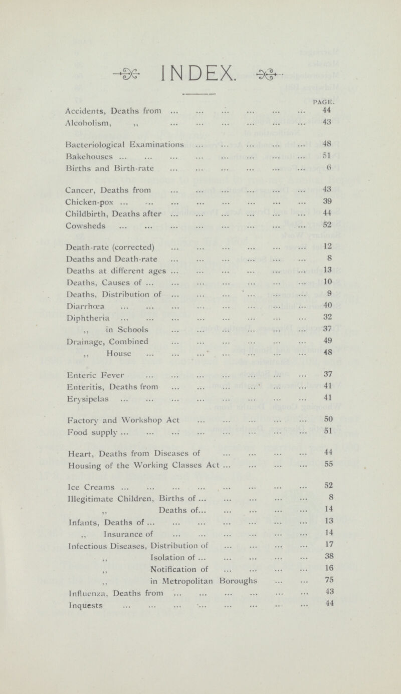 INDEX. page. Accidents, Deaths from 44 Alcoholism, 43 Bacteriological Examinations 48 Bakehouses 51 Births and Birth-rate 6 Cancer, Deaths from 43 Chicken-pox 39 Childbirth, Deaths after 44 Cowsheds 52 Death-rate (corrected) 12 Deaths and Death-rate 8 Deaths at different ages 13 Deaths, Causes of 10 Deaths, Distribution of 9 Diarrhœa 40 Diphtheria 32 ,, in Schools 37 Drainage, Combined 49 ,, House 48 Enteric Fever 37 Enteritis, Deaths from 41 Erysipelas 41 Factory and Workshop Act 50 Food supply 51 Heart, Deaths from Diseases of 44 Housing of the Working Classes Act 55 Ice Creams 52 Illegitimate Children, Births of 8 ,, Deaths of 14 Infants, Deaths of 13 ,, Insurance of 14 Infectious Diseases, Distribution of 17 ,, Isolation of 38 ,, Notification of 16 ,, in Metropolitan Boroughs 75 Influenza, Deaths from 43 Inquests 44