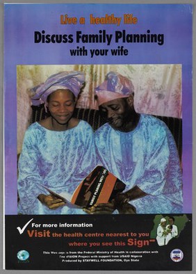 A couple reading a family planning method leaflet: family planning in Nigeria. Colour lithograph by Staywell Foundation, ca. 2000.