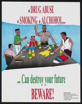 A group of Nigerians drinking, smoking, and using drugs at a table: AIDS awareness in Nigeria. Colour lithograph by Nigeria Youth AIDS Programme, ca. 1998.