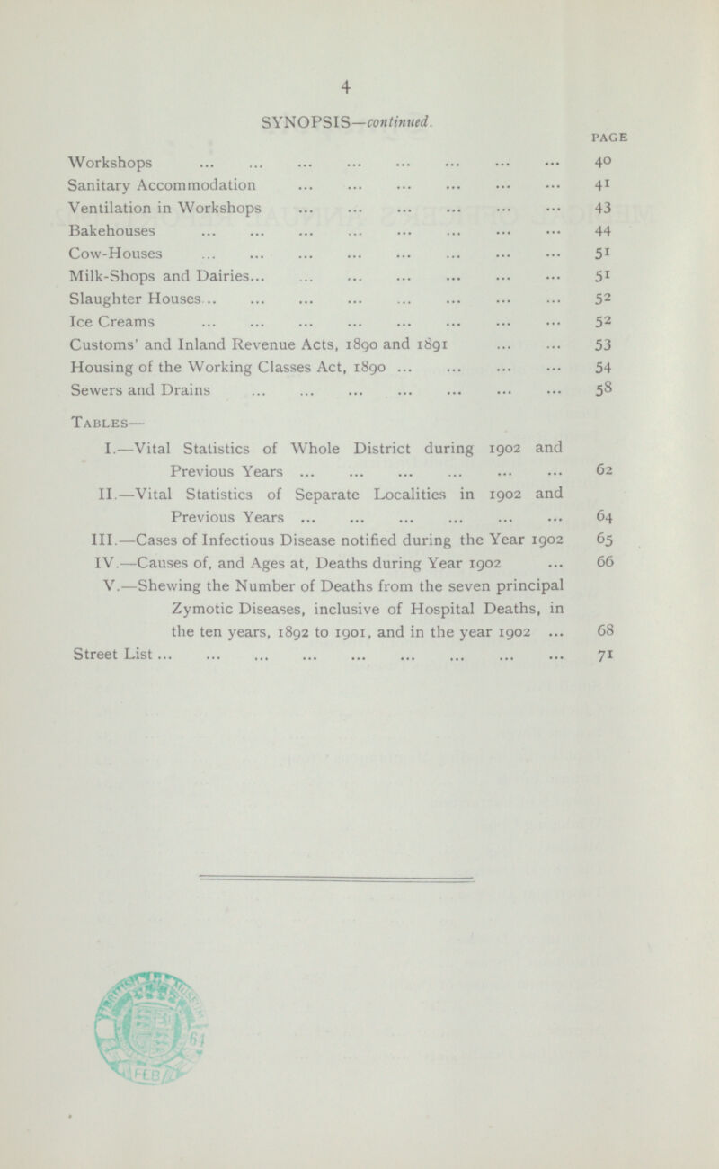 4 SYNOPSlS—continued. PAGE Workshops 40 Sanitary Accommodation 4 1 Ventilation in Workshops 43 Bakehouses 44 Cow-Houses 5 1 Milk-Shops and Dairies 5 1 Slaughter Houses 5 2 Ice Creams 5 2 Customs' and Inland Revenue Acts, 1890 and 1891 53 Housing of the Working Classes Act, 1890 54 Sewers and Drains 58 Tables— I.—Vital Statistics of Whole District during 1902 and Previous Years 62 II.—Vital Statistics of Separate Localities in 1902 and Previous Years 64 III.—Cases of Infectious Disease notified during the Year 1902 65 IV.—Causes of, and Ages at, Deaths during Year 1902 ... 66 V.—Shewing the Number of Deaths from the seven principal Zymotic Diseases, inclusive of Hospital Deaths, in the ten years, 1892 to 1901, and in the year 1902 ... 68 Street List 71