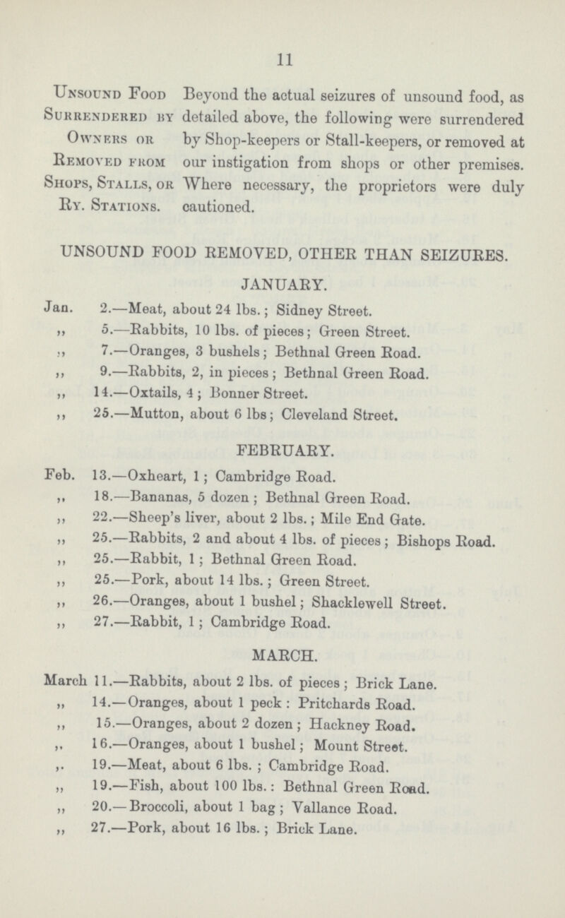 11 Unsound Food Beyond the actual seizures of uusound food, as Surrendered hy detailed above, the following were surrendered Owners or hy Shop-keepers or Stall-keepers, or removed at Removed from our instigation from shops or other premises. Shops, Stalls, or Where necessary, the proprietors were duly Ry. Stations, cautioned. UNSOUND FOOD REMOVED, OTHER THAN SEIZURES. JANUARY. Jan. 2.—Meat, about 24 lbs.; Sidney Street. ,, 5.—Rabbits, 10 lbs. of pieces; Green Street. ,, 7.—Oranges, 3 bushels; Bethnal Green Road. ,, 9.—Rabbits, 2, in pieces; Bethnal Green Road. ,, 14.—Oxtails, 4; Bonner Street. ,, 25.—Mutton, about 6 lbs; Cleveland Street. FEBRUARY. Feb. 13.—Oxheart, 1; Cambridge Road. ,, 18.—Bananas, 5 dozen; Bethnal Green Road. ,, 22.—Sheep's liver, about 2 lbs.; Mile End Gate. ,, 25.—Rabbits, 2 and about 4 lbs. of pieces; Bishops Road. ,, 25.—Rabbit, 1; Bethnal Green Road. ,, 25.—Pork, about 14 lbs.; Green Street. ,, 26.—Oranges, about 1 bushel; Shacklewell Street. ,, 27.—Rabbit, 1; Cambridge Road. MARCH. March 11.—Rabbits, about 2 lbs. of pieces; Brick Lane. ,, 14.—Oranges, about 1 peck : Pritchards Road. ,, 15.—Oranges, about 2 dozen; Hackney Road. ,, 16.—Oranges, about 1 bushel; Mount Street. ,. 19.—Meat, about 6 lbs.; Cambridge Road. ,, 19.—Fish, about 100 lbs.: Bethnal Green Road. ,, 20.— Broccoli, about 1 bag; Yallance Road. ,, 27.—Pork, about 16 lbs.; Brick Lane.