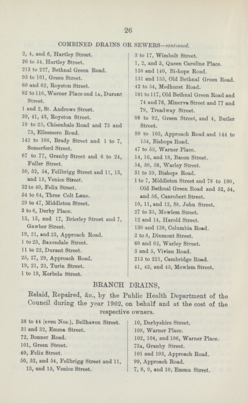 26 COMBINED DRAINS OR SEWERS-continued 2, 4, and 6, Hartley Street. 26 to 34, Hartley Street. 213 to 227, Bethnal Green Road. 95 to 101, Green Street. 60 and 62, Royston Street. 82 to 116, Warner Place and 1a, Durant Street. 1 and 2, St. Andrews Street. 39, 41, 43, Royston Street. 19 to 25, Chisenhale Road and 73 and 75, Ellesmere Road. 142 to 166, Brady Street and 1 to 7, Somerford Street. 67 to 77, Granby Street and 6 to 24, Fuller Street. 50, 52, 54, Fellbrigg Street and 11, 13, and 15, Venice Street. 32 to 40, Felix Street. 54 to 64, Three Colt Lane. 29 to 47, Middleton Street. 3 to 6, Derby Place. 13, 15, and 17, Brierley Street and 7, Gawber Street. 19, 21, and 23, Approach Road. I to 23, Baxendale Street. II to 22, Durant Street. 25, 27, 29, Approach Road. 19, 21, 23, Turin Street. 1 to 19, Kerbela Street. 3 to 17, Wimbolt Street. 1, 2, and 3, Queen Caroline Place. 138 and 140, Bishops Road. 131 and 133, Old Bethnal Green Road. 42 to 54, Medhurst Road. 101 to 117, Old Bethnal Green Road and 74 and 76, Minerva Street and 77 and 79, Treadway Street. 88 to 92, Green Street, and 4, Butler Street. 99 to 105, Approach Road and 144 to 154, Bishops Road. 47 to 53, Warner Place. 14, 16, and 18, Bacon Street. 54, 56, 58, Warley Street. 31 to 39, Bishops Road. 1 to 7, Middleton Street and 78 to 100, Old Bethnal Green Road and 52, 54, and 56, Canrobert Street. 10, 11, and 12, St. John Street. 27 to 35, Mowlem Street. 12 and 14, Harold Street. 136 and 138, Columbia Road. 2 to 8, Dinmont Street. 60 and 62, Warley Street. 3 and 5, Vivian Road. 213 to 221, Cambridge Road. 41, 43, and 45, Mowlem Street. BRANCH DRAINS, Relaid, Repaired, &c., by the Public Health Department of the Council during the year 1902, on behalf and at the cost of the respective owners. 38 to 44 (even Nos.), Bellhaven Street. 31 and 32, Emma Street. 72, Bonner Road. 101, Green Street. 40, Felix Street. 50, 52, and 54, Fellbrigg Street and 11, 13, and 15, Venice Street. 10, Derbyshire Street. 108, Warner Place. 102, 104, and 106, Warner Place. 73a, Granby Street. 101 and 103, Approach Road. 99, Approach Road. 7, 8, 9, and 10, Emma Street.