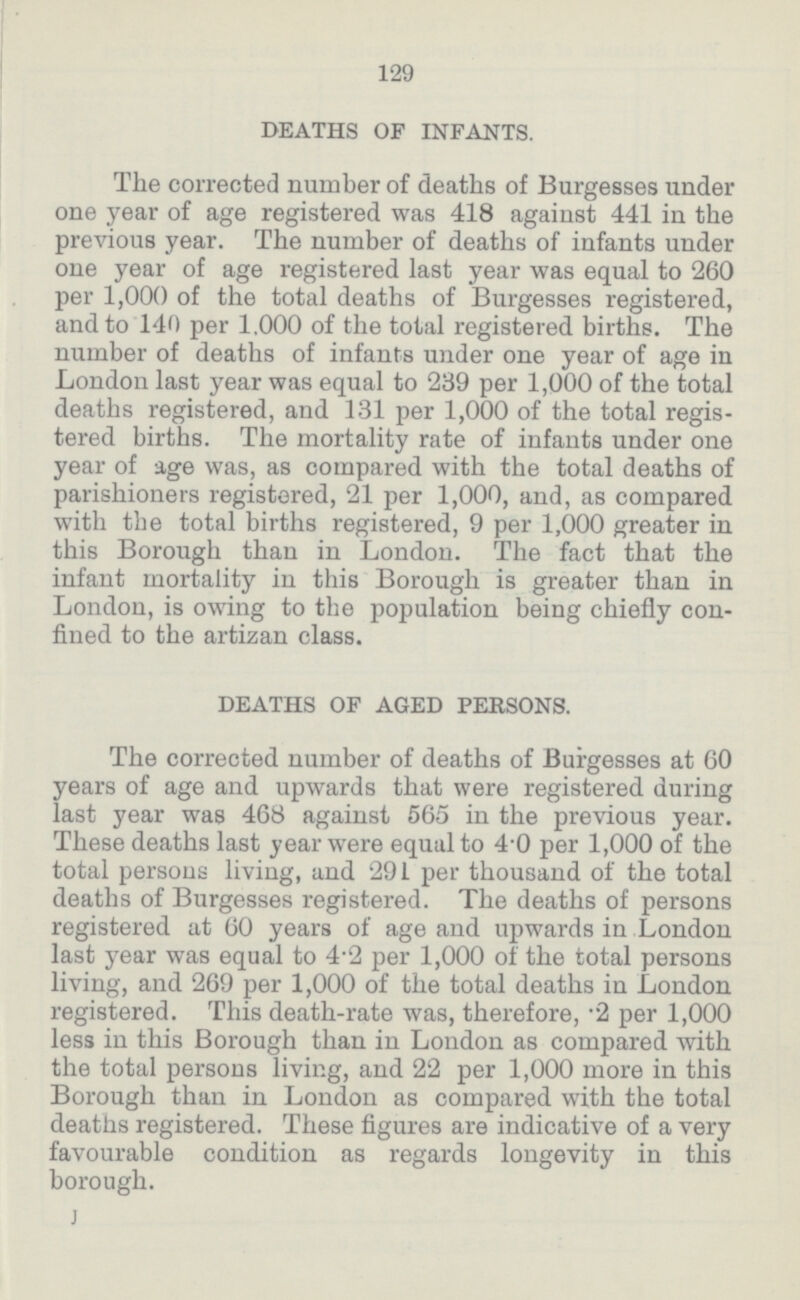 129 DEATHS OF INFANTS. The corrected number of deaths of Burgesses under one year of age registered was 418 against 441 in the previous year. The number of deaths of infants under one year of age registered last year was equal to 260 per 1,000 of the total deaths of Burgesses registered, and to 140 per 1.000 of the total registered births. The number of deaths of infants under one year of age in London last year was equal to 239 per 1,000 of the total deaths registered, and 131 per 1,000 of the total regis tered births. The mortality rate of infants under one year of age was, as compared with the total deaths of parishioners registered, 21 per 1,000, and, as compared with the total births registered, 9 per 1,000 greater in this Borough than in London. The fact that the infant mortality in this Borough is greater than in London, is owing to the population being chiefly con fined to the artizan class. DEATHS OF AGED PERSONS. The corrected number of deaths of Burgesses at 60 years of age and upwards that were registered during last year was 468 against 565 in the previous year. These deaths last year were equal to 4.0 per 1,000 of the total persons living, and 291 per thousand of the total deaths of Burgesses registered. The deaths of persons registered at 60 years of age and upwards in London last year was equal to 4.2 per 1,000 of the total persons living, and 269 per 1,000 of the total deaths in London registered. This death.rate was, therefore, 2 per 1,000 less in this Borough than in London as compared with the total persons living, and 22 per 1,000 more in this Borough than in London as compared with the total deaths registered. These figures are indicative of a very favourable condition as regards longevity in this borough. J