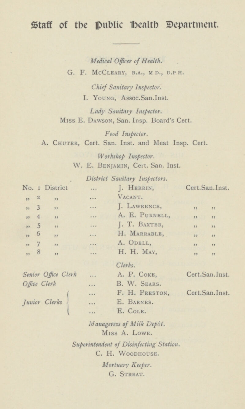 Staff of the Public Health Department. Medical Officer of Health. G. F. MCCLEARY, B.A., M D., D.P H. Chief Sanitary Inspector. I. Young, Assoc.San.lnst. Lady Sanitary Inspector. Miss E. Dawson, San. Insp. Board's Cert Food Inspector. A. Chuter, Cert. San. Inst, and Meat Insp. Cert. Workshop Inspector. W. E. Benjamin, Cert. San. Inst. District Sanitary Inspectors. No. 1 District J. Herrin, Cert.San.lnst. „ 2 „ Vacant. „ 3 „ J. Lawrence, „ „ „ 4 „ A. E. PuRNELL, „ „ „ 5 „ J. T. Baxter, „ „ 6 „ H. Marrable, „ „ ,, 7 ,, A. Odell, ,, ,, „ 8 „ H. H. May, „ „ Clerks. Senior Office Clerk A. P. Coke, Cert.San.lnst. Office Clerk B. W. Sears. F. H. Preston, Cert.San.lnst. E. Barnes. Junior Clerks E. Cole. Manageress of Milk Depot. Miss A. Lowe. Superintendent of Disinfecting Station. C. H. Woodhouse. Mortuary Keeper. G. Streat.