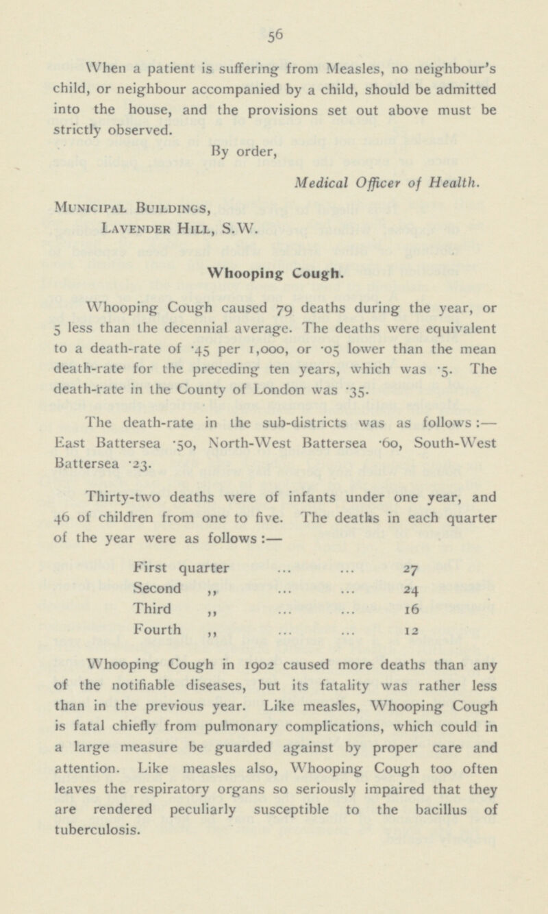 When a patient is suffering from Measles, no neighbour's child, or neighbour accompanied by a child, should be admitted into the house, and the provisions set out above must be strictly observed. By order, Medical Officer of Health. Municipal Buildings, Lavender Hill, S.W. Whooping Cough. Whooping Cough caused 79 deaths during the year, or 5 less than the decennial average. The deaths were equivalent to a death-rate of '45 per 1,000, or .05 lower than the mean death-rate for the preceding ten years, which was .5. The death-rate in the County of London was .35. The death-rate in the sub-districts was as follows:— East Battersea .50, North-West Battersea . 60, South-West Battersea .23. Thirty-two deaths were of infants under one year, and 46 of children from one to five. The deaths in each quarter of the year were as follows :— First quarter ... ... 27 Second  ... ... 24 Third ... ... 16 Fourth  ... ... 12 Whooping Cough in 1902 caused more deaths than any of the notifiable diseases, but its fatality was rather less than in the previous year. Like measles, Whooping Cough is fatal chiefly from pulmonary complications, which could in a large measure be guarded against by proper care and attention. Like measles also, Whooping Cough too often leaves the respiratory organs so seriously impaired that they are rendered peculiarly susceptible to the bacillus of tuberculosis.