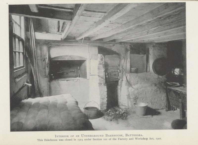 Interior of an Underground Bakehouse, Battersea. This Bakehouse was closed in 1903 under Section 101 of the Factory and Workshop Act, 1901.