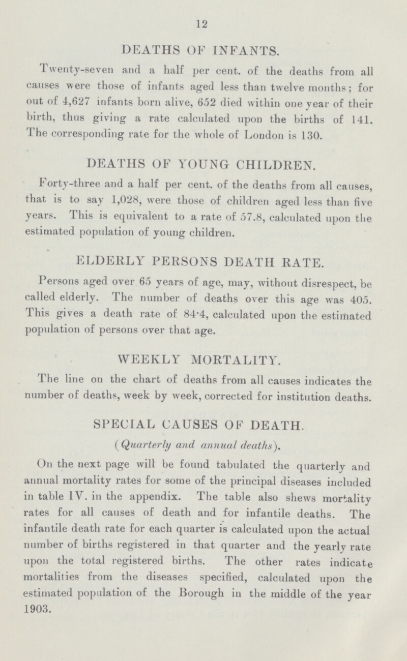 12 DEATHS OF INFANTS. Twenty-seven and a half per cent. of the deaths from all causes were those of infants aged less than twelvemonths; for out of 4,627 infants born alive, 652 died within one year of their birth, thus giving a rate calculated upon the births of 141. The corresponding rate for the whole of London is 130. DEATHS OF YOUNG CHILDREN. Forty-three and a half per cent. of the deaths from all causes, that is to say 1,028, were those of children aged less than five years. This is equivalent to a rate of 57.8, calculated upon the estimated population of young children. ELDERLY PERSONS DEATH RATE. Persons aged over 65 years of age, may, without disrespect, be called elderly. The number of deaths over this age was 405. This gives a death rate of 84.4, calculated upon the estimated population of persons over that age. WEEKLY MORTALITY. The line on the chart of deaths from all causes indicates the number of deaths, week by week, corrected for institution deaths. SPECIAL CAUSES OF DEATH. ( Quarterly and annual deaths). On the next page will be found tabulated the quarterly and annual mortality rates for some of the principal diseases included in table IV. in the appendix. The table also shews mortality rates for all causes of death and for infantile deaths. The infantile death rate for each quarter is calculated upon the actual number of births registered in that quarter and the yearly rate upon the total registered births. The other rates indicate mortalities from the diseases specified, calculated upon the estimated population of the Borough in the middle of the year 1903.