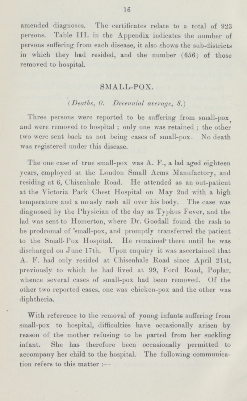 16 amended diagnoses. The certificates relate to a total of 923 persons. Table III. in the Appendix indicates the number of persons suffering from each disease, it also shows the sub-districts in which they had resided, and the number (656) of those removed to hospital. SMALL-POX. (Deaths, 0. Decennial average, 8.) Three persons were reported to be suffering from small-pox and were removed to hospital; only one was retained; the other two were sent back as not being cases of small-pox. No death was registered under this disease. The one case of true small-pox was A. F., a lad aged eighteen years, employed at the London Small Arms Manufactory, and residing at 6, Chisenhale Road. He attended as an out-patient at the Victoria Park Chest Hospital on May 2nd with a high temperature and a measly rash all over his body. The case was diagnosed by the Physician of the day as Typhus Fever, and the lad was sent to Homerton, where Dr. Goodall found the rash to be prodromal of small-pox, and promptly transferred the patient to the Small-Pox Hospital. He remained there until he was discharged on June 17th. Upon enquiry it was ascertained that A. F. had only resided at Chisenhale Road since April 21st, previously to which he had lived at 99, Ford Road, Poplar, whence several cases of small-pox had been removed. Of the other two reported cases, one was chicken-pox and the other was diphtheria. With reference to the removal of young infants suffering from small-pox to hospital, difficulties have occasionally arisen by reason of the mother refusing to be parted from her suckling infant. She has therefore been occasionally permitted to accompany her child to the hospital. The following communica tion refers to this matter:—