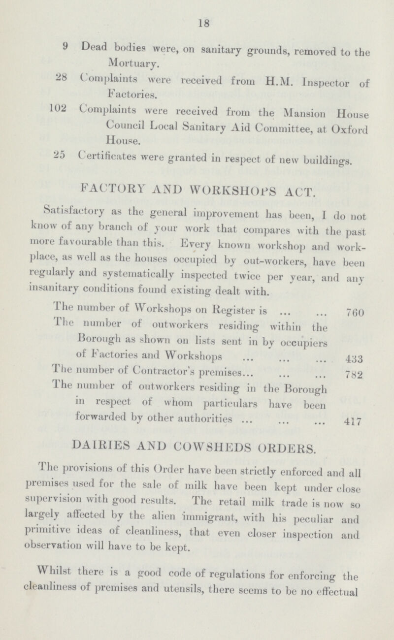 18 9 Dead bodies were, on sanitary grounds, removed to the Mortuary. 28 Complaints were received from H.M. Inspector of Factories. 102 Complaints were received from the Mansion House Council Local Sanitary Aid Committee, at Oxford House. 25 Certificates were granted in respect of new buildings. FACTORY AND WORKSHOPS ACT. Satisfactory as the general improvement has been, I do not know of any branch of your work that compares with the past more favourable than this. Every known workshop and work place, as well as the houses occupied by out-workers, have been regularly and systematically inspected twice per year, and any insanitary conditions found existing dealt with. The number of Workshops on Register is 760 The number of outworkers residing within the Borough as shown on lists sent in by occupiers of Factories and Workshops 433 The number of Contractor's premises 782 The number of outworkers residing in the Borough in respect of whom particulars have been forwarded by other authorities 417 DAIRIES AND COWSHEDS ORDERS. The provisions of this Order have been strictly enforced and all premises nsed for the sale of milk have been kept under close supervision with good results. The retail milk trade is now so largely affected by the alien 'immigrant, with his peculiar and primitive ideas of cleanliness, that even closer inspection and observation will have to be kept. Whilst there is a good code of regulations for enforcing the cleanliness of premises and utensils, there seems to be no effectual