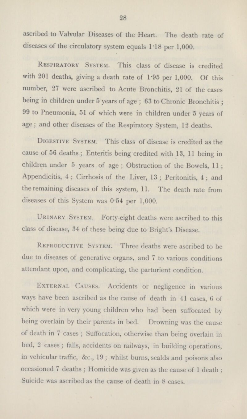 28 ascribed to Valvular Diseases of the Heart. The death rate of diseases of the circulatory system equals 1·18 per 1,000. Respiratory System. This class of disease is credited with 201 deaths, giving a death rate of 1·95 per 1,000. Of this number, 27 were ascribed to Acute Bronchitis, 21 of the cases being in children under 5 years of age; 63 to Chronic Bronchitis; 99 to Pneumonia, 51 of which were in children under 5 years of age; and other diseases of the Respiratory System, 12 deaths. Digestive System. This class of disease is credited as the cause of 56 deaths ; Enteritis being credited with 13, 11 being in children under 5 years of age; Obstruction of the Bowels, 11; Appendicitis, 4; Cirrhosis of the Liver, 13; Peritonitis, 4; and the remaining diseases of this system, 11. The death rate from diseases of this System was 0·54 per 1,000. Urinary System. Forty-eight deaths were ascribed to this class of disease, 34 of these being due to Bright's Disease. Reproductive System. Three deaths were ascribed to be due to diseases of generative organs, and 7 to various conditions attendant upon, and complicating, the parturient condition. External Causes. Accidents or negligence in various ways have been ascribed as the cause of death in 41 cases, 6 of which were in very young children who had been suffocated by being overlain by their parents in bed. Drowning was the cause of death in 7 cases; Suffocation, otherwise than being overlain in bed, 2 cases; falls, accidents on railways, in building operations, in vehicular traffic, &c., 19; whilst burns, scalds and poisons also occasioned 7 deaths; Homicide was given as the cause of 1 death; Suicide was ascribed as the cause of death in 8 cases.