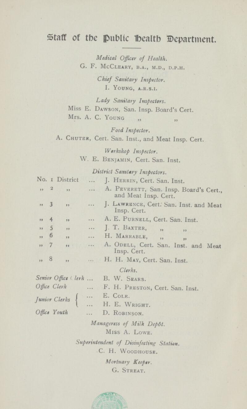 Staff of the Public Health Department. Medical Officer of Health. G. F. McClEARY, B.A., M.D., D.P.H. Chief Sanitary Inspector. I. Young, a.r.s.i. Lady Sanitary Inspectors. Miss E. Dawson, San. Insp. Board's Cert. Mrs. A. C. Young „ „ Food Inspector. A. Chuter, Cert. San. Inst., and Meat Insp. Cert. Workshop Inspector. W. E. Benjamin, Cert. San. Inst. District Sanitary Inspectors. No. 1 District J. Herrin, Cert. San. Inst. „ 2 „ A. Peverett, San. Insp. Board's Cert., and Meat Insp. Cert. ,, 3 ,, J. Lawrence, Cert. San. Inst. and Meat Insp. Cert. „ 4 „ A. E. Purnell, Cert. San. Inst. „ 5 „ J T. Baxter, „ ,, 6 ,, H. Marrable, „ „ ,, 7 ,, A. Odell, Cert. San. Inst. and Meat Insp. Cert. ,, 8 ,, H. H. May, Cert. San. Inst. Clerks. Senior Office Clerk B. W. Sears. Office Clerk F. H. Preston, Cert. San. Inst. E. Col.E. Junior Clerks H.E.Wright. Office Youth D. Robinson. Manageress of Milk Depot. Miss A. Lowe. Superintendent of Disinfecting Station. C. H. Woodhouse. Mortuary Keeper. G. Streat.