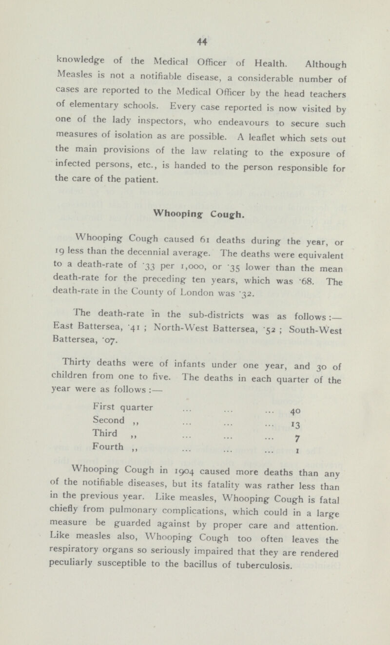 44 knowledge of the Medical Officer of Health. Although Measles is not a notifiable disease, a considerable number of cases are reported to the Medical Officer by the head teachers of elementary schools. Every case reported is now visited by one of the lady inspectors, who endeavours to secure such measures of isolation as are possible. A leaflet which sets out the main provisions of the law relating to the exposure of infected persons, etc., is handed to the person responsible for the care of the patient. Whooping Cough. Whooping Cough caused 61 deaths during the year, or 19 less than the decennial average. The deaths were equivalent to a death-rate of 33 per 1,000, or '35 lower than the mean death-rate for the preceding ten years, which was .68. The death-rate in the County of London was '32. The death-rate in the sub-districts was as follows:— East Battersea, 41; North-West Battersea, '52; South-West Battersea,.07. Thirty deaths were of infants under one year, and 30 of children from one to five. The deaths in each quarter of the year were as follows:— First quarter 40 Second ,, 13 Third ,, 7 Fourth ,, 1 Whooping Cough in 1904 caused more deaths than any of the notifiable diseases, but its fatality was rather less than in the previous year. Like measles, Whooping Cough is fatal chiefly from pulmonary complications, which could in a large measure be guarded against by proper care and attention. Like measles also, Whooping Cough too often leaves the respiratory organs so seriously impaired that they are rendered peculiarly susceptible to the bacillus of tuberculosis.