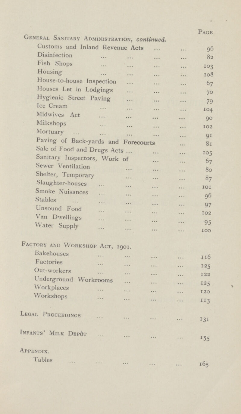 Page General Sanitary Administration, continued. Customs and Inland Revenue Acts 96 Disinfection 82 Fish Shops 103 Housing 108 House-to-house Inspection 67 Houses Let in Lodgings 70 Hygienic Street Paving 79 Ice Cream 104 Midwives Act 90 Milkshops 102 Mortuary 91 Paving of Back-yards and Forecourts 81 Sale of Food and Drugs Acts 105 Sanitary Inspectors, Work of 67 Sewer Ventilation 80 Shelter, Temporary 87 Slaughter-houses 101 Smoke Nuisances 96 Stables 97 Unsound Food 102 Van Dwellings 95 Water Supply 100 Factory and Workshop Act, 1901. Bakehouses 116 Factories 125 Out-workers 122 Underground Workrooms 125 Workplaces 120 Workshops 113 Legal Proceedings 131 Infants' Milk Dep6t 155 Appendix. Tables 165