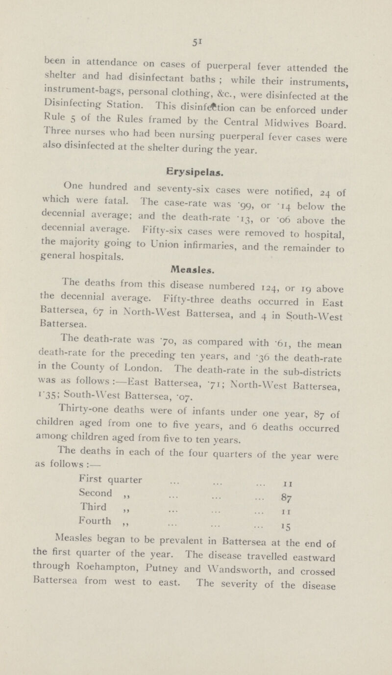 51 been in attendance on cases of puerperal fever attended the shelter and had disinfectant baths; while their instruments, instrument-bags, personal clothing, &c., were disinfected at the Disinfecting Station. This disinfection can be enforced under Rule 5 of the Rules framed by the Central Midwives Board. Three nurses who had been nursing puerperal fever cases were also disinfected at the shelter during the year. Erysipelas. One hundred and seventy-six cases were notified, 24 of which were fatal. The case-rate was .99, or .14 below the decennial average; and the death-rate .13, or .06 above the decennial average. Fifty-six cases were removed to hospital, the majority going to Union infirmaries, and the remainder to general hospitals. Measles. The deaths from this disease numbered 124, or 19 above the decennial average. Fifty-three deaths occurred in East Battersea, 67 in North-West Battersea, and 4 in South-West Battersea. The death-rate was .70, as compared with .61, the mean death-rate for the preceding ten years, and .36 the death-rate in the County of London. The death-rate in the sub-districts was as follows:—East Battersea, .71; North-West Battersea, 1.35; South-West Battersea, .07. Thirty-one deaths were of infants under one year, 87 of children aged from one to five years, and 6 deaths occurred among children aged from five to ten years. The deaths in each of the four quarters of the year were as follows:— First quarter 11 Second ,, 87 Third ,, 11 Fourth ,, 15 Measles began to be prevalent in Battersea at the end of the first quarter of the year. The disease travelled eastward through Roehampton, Putney and Wandsworth, and crossed Battersea from west to east. The severity of the disease