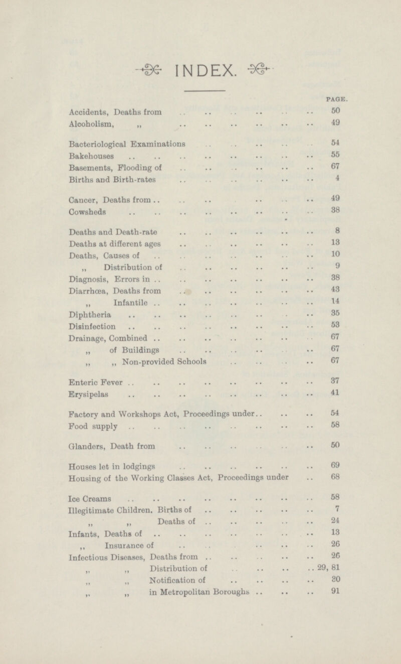 INDEX. PAGE. Accidents, Deaths from 50 Alcoholism, „ 49 Bacteriological Examinations 54 Bakehouses 55 Basements, Flooding of 67 Births and Birth-rates 4 Cancer, Deaths from 49 Cowsheds 38 Deaths and Death-rate 8 Deaths at different ages 13 Deaths, Causes of 10 „ Distribution of 9 Diagnosis, Errors in 38 Diarrhoea, Deaths from 43 „ Infantile 4 Diphtheria 35 Disinfection 53 Drainage, Combined 67 „ of Buildings 67 „ „ Non-provided Schools 67 Enteric Fever 37 Erysipelas 41 Factory and Workshops Act, Proceedings under 54 Food supply 58 Glanders, Death from 50 Houses let in lodgings 69 Housing of the Working Classes Act, Proceedings under 68 Ice Creams 58 Illegitimate Children. Births of 7 „ „ Deaths of 24 Infants, Deaths of 13 „ Insurance of 26 Infectious Diseases, Deaths from 26 „ „ Distribution of 29,81 „ „ Notification of 30 „ in Metropolitan Boroughs 91