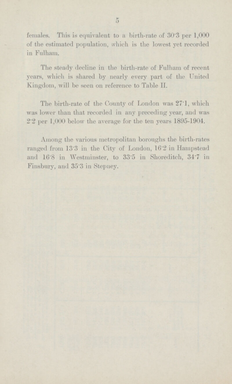 5 females. This is equivalent to a birth-rate of 30.3 per 1,000 of the estimated population, Which is the lowest yet recorded in Fulham. The steady decline in the birth-rate of Fulham of recent years, which is shared by nearly every part of the United Kingdom, will be seen on reference to Table II. The birth-rate of the County of London was 27.1, which was lower than that recorded in any preceding year, and was 2.2 per 1,000 below the average for the ten years 1895-1904. Among the various metropolitan boroughs the birth-rates ranged Prom 13.3 in the City of London, 16.2 in Hampstead and 16.8 in Westminster, to 33.5 in Shoreditch, 34.7 in Finsbury, and 35.3 in Stepney.