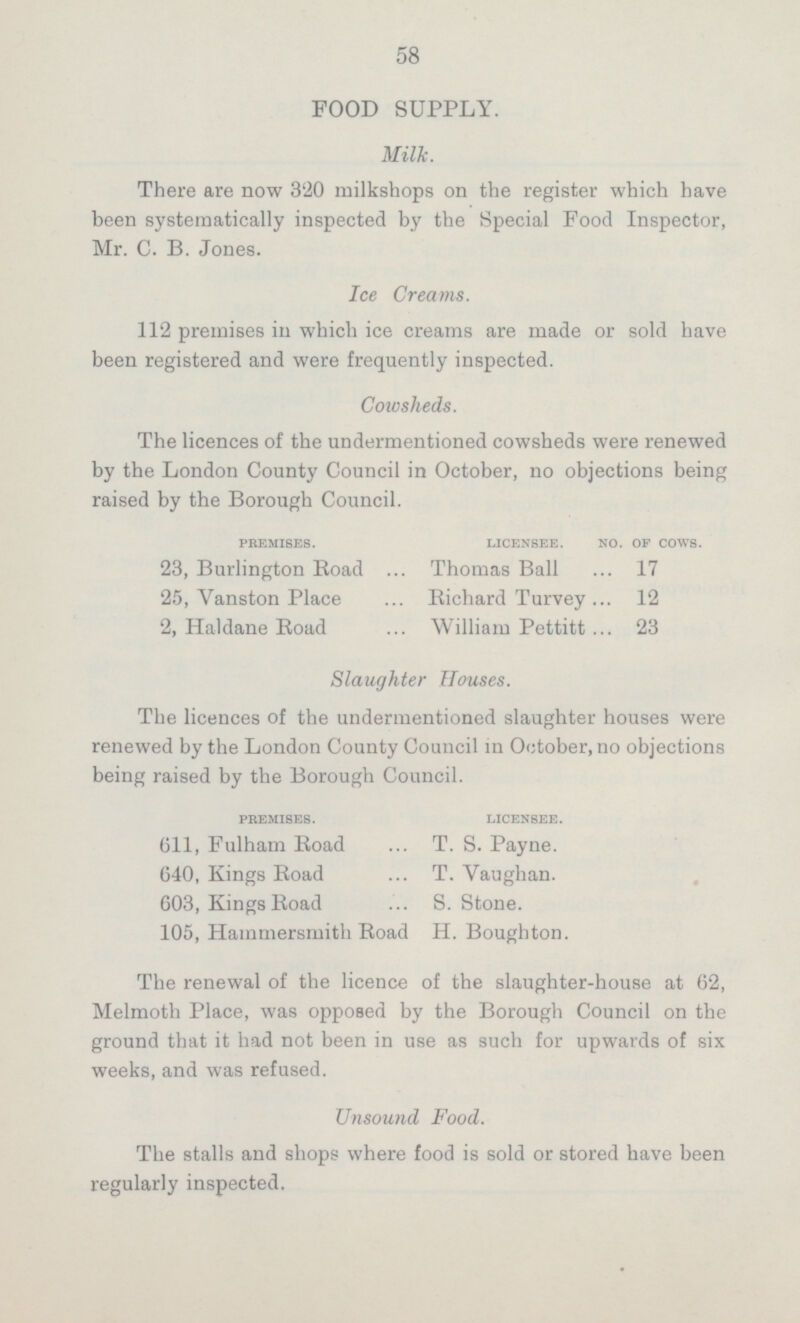 58 FOOD SUPPLY. Milk. There are now 320 milkshops on the register which have been systematically inspected by the Special Food Inspector, Mr. C. B. Jones. Ice Creams. 112 premises in which ice creams are made or sold have been registered and were frequently inspected. Cowsheds. The licences of the undermentioned cowsheds were renewed by the London County Council in October, no objections being raised by the Borough Council. PREMISES. LICENSEE. NO. OF COWS. 23, Burlington Road Thomas Ball 17 25, Vanston Place Richard Turvey 12 2, Haldane Road William Pettitt 23 Slaughter Houses. The licences of the undermentioned slaughter houses were renewed by the London County Council in October, no objections being raised by the Borough Council. PREMISES. LICENSEE. 611, Fulham Road T. S. Payne. 640, Kings Road T. Vaughan. 603, Kings Road S. Stone. 105, Hammersmith Road H. Boughton. The renewal of the licence of the slaughter-house at 62, Melmoth Place, was opposed by the Borough Council on the ground that it had not been in use as such for upwards of six weeks, and was refused. Unsound Food. The stalls and shops where food is sold or stored have been regularly inspected.