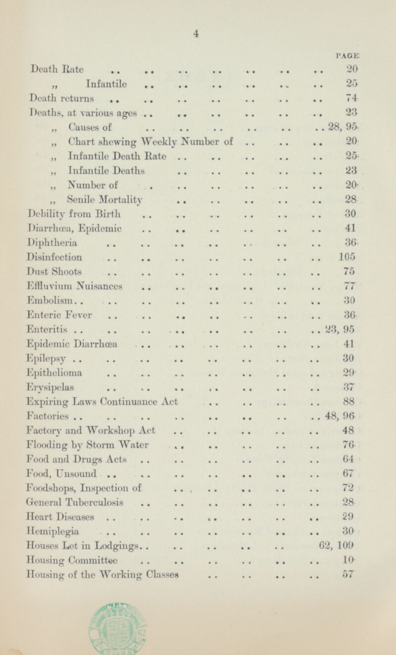 PAGE: Death Rate 20 „ Infantile 25 Death returns 74 Deaths, at various ages 23 „ Causes of 28, 95. „ Chart shewing Weekly Number of 20 „ Infantile Death Rate 25. „ Infantile Deaths 23 „ Number of 20 „ Senile Mortality 28 Debility from Birth 30 Diarrhoea, Epidemic 41 Diphtheria 36 Disinfection 105 Dust Shoots 75 Effluvium Nuisances 77 Embolism 30 Enteric Fever 36 Enteritis 23, 95 Epidemic Diarrhoea 41 Epilepsy 30 Epithelioma 29 Erysipelas 37 Expiring Laws Continuance Act 88 Factories 48, 96 Factory and Workshop Act 48 Flooding by Storm Water 76 Food and Drugs Acts 64 Food, Unsound 67 Foodshops, Inspection of 72 General Tuberculosis 28 Heart Diseases 29 Hemiplegia 30 Houses Let in Lodgings 62, 109 Housing Committee 10 Housing of the Working Classes 57