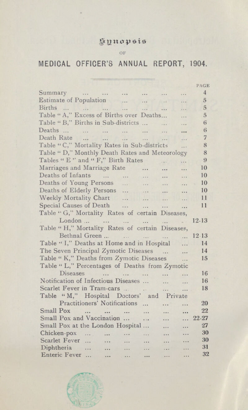 Synopsis OF MEDICAL OFFICER'S ANNUAL REPORT, 1904. PAGE Summary 4 Estimate of Population 5 Births 5 Table A, Excess of Births over Deaths 5 Table B, Births in Sub-districts 6 Deaths 6 Death Rate 7 Table C, Mortality Rates in Sub-districts 8 Table D, Monthly Death Rates and Meteorology 8 Tables E and F, Birth Rates 9 Marriages and Marriage Rate 10 Deaths of Infants 10 Deaths of Young Persons 10 Deaths of Elderly Persons 10 Weekly Mortality Chart 11 Special Causes of Death 11 Table G, Mortality Rates of certain Diseases, London 12-13 Table H, Mortality Rates of certain Diseases, Bethnal Green 12-13 Table I, Deaths at Home and in Hospital 14 The Seven Principal Zymotic Diseases 14 Table K, Deaths from Zymotic Diseases 15 Table L, Percentages of Deaths from Zymotic Diseases 16 Notification of Infectious Diseases 16 Scarlet Fever in Tram-cars 18 Table M, Hospital Doctors' and Private Practitioners' Notifications 20 Small Pox 22 Small Pox and Vaccination 22-27 Small Pox at the London Hospital 27 Chicken-pox 30 Scarlet Fever 30 Diphtheria 31 Enteric Fever 32