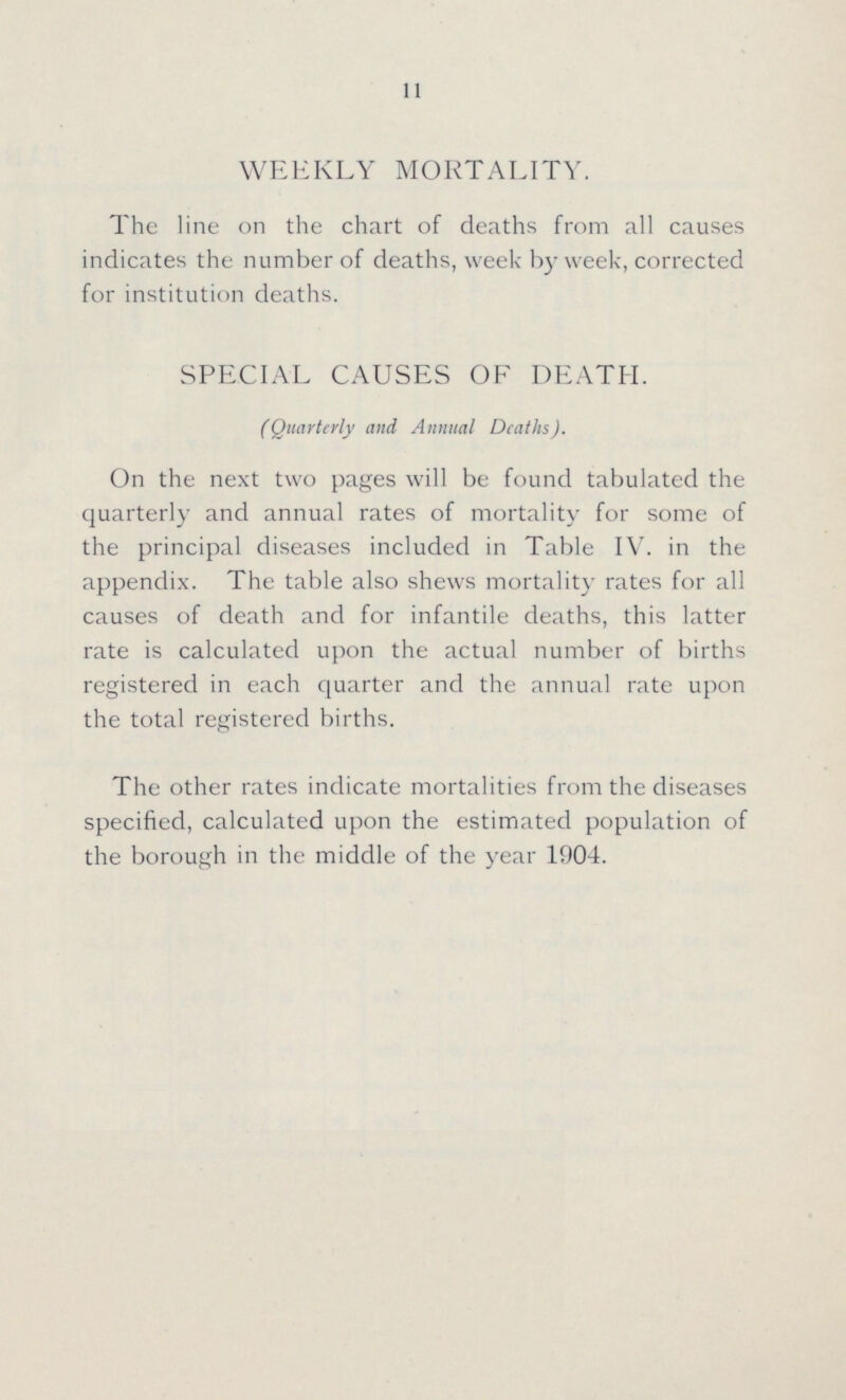 11 WEEKLY MORTALITY. The line on the chart of deaths from all causes indicates the number of deaths, week by week, corrected for institution deaths. SPECIAL CAUSES OF DEATH. (Quarterly and Annual Deaths). On the next two pages will be found tabulated the quarterly and annual rates of mortality for some of the principal diseases included in Table IV. in the appendix. The table also shews mortality rates for all causes of death and for infantile deaths, this latter rate is calculated upon the actual number of births registered in each quarter and the annual rate upon the total registered births. The other rates indicate mortalities from the diseases specified, calculated upon the estimated population of the borough in the middle of the year 1904.