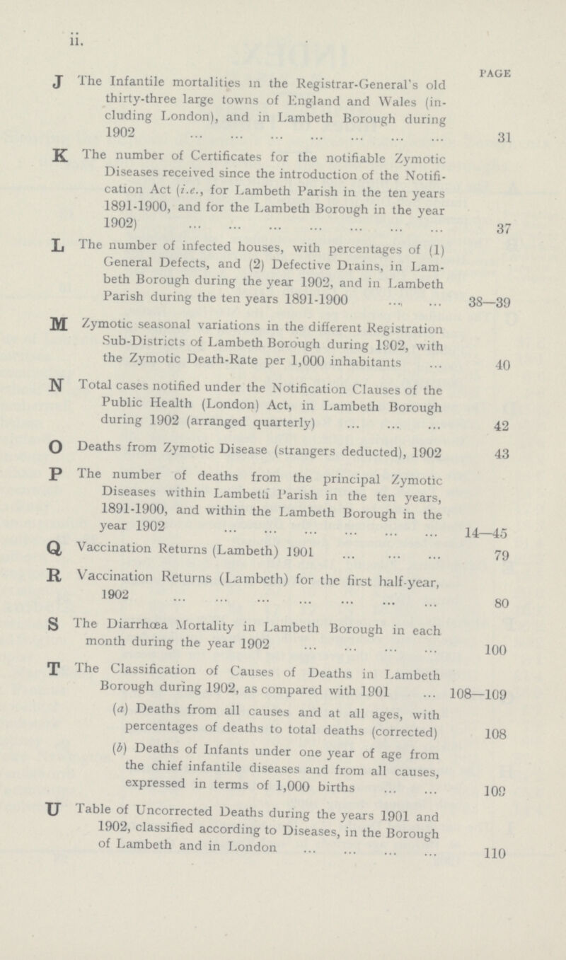 ii. PAGE J The Infantile mortalities in the Registrar-General's old thirty-three large towns of England and Wales (in cluding London), and in Lambeth Borough during 1902 31 K The number of Certificates for the notifiable Zymotic Diseases received since the introduction of the Notifi cation Act (i.e., for Lambeth Parish in the ten years 1891-1900, and for the Lambeth Borough in the year 1902) 37 L The number of infected houses, with percentages of (1) General Defects, and (2) Defective Drains, in Lam beth Borough during the year 1902, and in Lambeth Parish during the ten years 1891-1900 38—39 M Zymotic seasonal variations in the different Registration Sub-Districts of Lambeth Borough during 1902, with the Zymotic Death-Rate per 1,000 inhabitants 40 N Total cases notified under the Notification Clauses of the Public Health (London) Act, in Lambeth Borough during 1902 (arranged quarterly) 42 O Deaths from Zymotic Disease (strangers deducted), 1902 43 P The number of deaths from the principal Zymotic Diseases within Lambeta Parish in the ten years, 1891-1900, and within the Lambeth Borough in the year 1902 14—45 Q, Vaccination Returns (Lambeth) 1901 79 R Vaccination Returns (Lambeth) for the first half-year, 1902 80 S The Diarrhoea Mortality in Lambeth Borough in each month during the year 1902 100 T The Classification of Causes of Deaths in Lambeth Borough during 1902, as compared with 1901 108—109 (a) Deaths from all causes and at all ages, with percentages of deaths to total deaths (corrected) 108 (A) Deaths of Infants under one year of age from the chief infantile diseases and from all causes, expressed in terms of 1,000 births 109 u Table of Uncorrected Deaths during the years 1901 and 1902, classified according to Diseases, in the Borough of Lambeth and in London 110