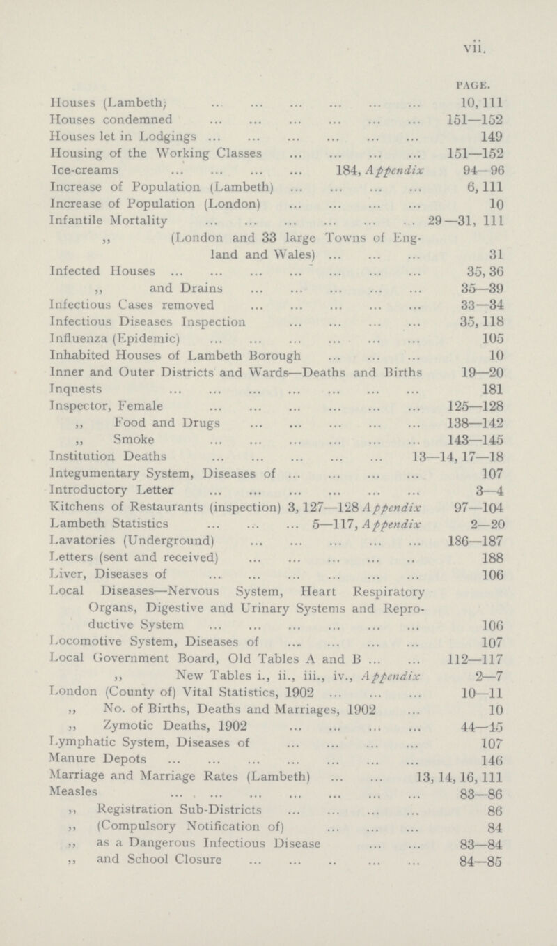 Vll. PAGE. Houses (Lambeth) 10, 111 Houses condemned 151—152 Houses let in Lodgings 149 Housing of the Working Classes 151—152 Ice-creams 184, Appendix 94—96 Increase of Population (Lambeth) 6, 111 Increase of Population (London) 10 Infantile Mortality 29—31, 111 „ (London and 33 large Towns of Eng land and Wales) 31 Infected Houses 35,36 „ and Drains 35—39 Infectious Cases removed 33—34 Infectious Diseases Inspection 35,118 Influenza (Epidemic) 105 Inhabited Houses of Lambeth Borough 10 Inner and Outer Districts and Wards—Deaths and Births 19—20 Inquests 181 Inspector, Female 125—128 „ Food and Drugs 138—142 „ Smoke 143—145 Institution Deaths 13—14, 17—18 Integumentary System, Diseases of 107 Introductory Letter 3—4 Kitchens of Restaurants (inspection) 3,127—128 Appendix 97—104 Lambeth Statistics 5—117, Appendix 2—20 Lavatories (Underground) 186—187 Letters (sent and received) 188 Liver, Diseases of 106 Local Diseases—Nervous System, Heart Respiratory Organs, Digestive and Urinary Systems and Repro ductive System 106 Locomotive System, Diseases of 107 Local Government Board, Old Tables A and B 112—117 ,, New Tables i., ii., iii., iv., Appendix 2—7 London (County of) Vital Statistics, 1902 10—11 „ No. of Births, Deaths and Marriages, 1902 10 „ Zymotic Deaths, 1902 44—15 Lymphatic System, Diseases of 107 Manure Depots 146 Marriage and Marriage Rates (Lambeth) 13, 14, 16, 111 Measles 83—86 ,, Registration Sub-Districts 86 ,, (Compulsory Notification of) 84 ,, as a Dangerous Infectious Disease 83—84 ,, and School Closure 84—85