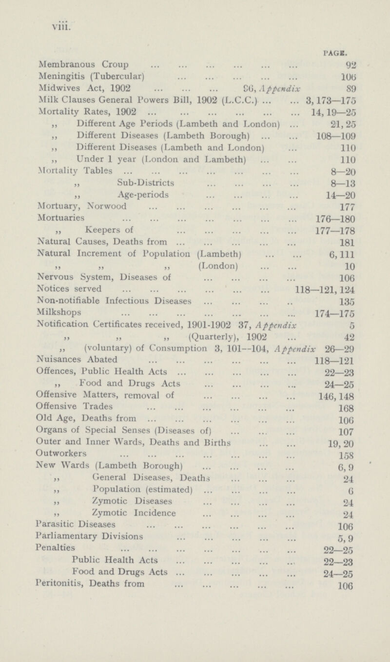 viii. PAGE. Membranous Croup 92 Meningitis (Tubercular) 100 Midwives Act, 1902 CO, Appendix 89 Milk Clauses General Powers Bill, 1902 (L.C.C.) 3,173—175 Mortality Rates, 1902 14,19—25 „ Different Age Periods (Lambeth and London) 21,25 ,, Different Diseases (Lambeth Borough) 108—109 ,, Different Diseases (Lambeth and London) 110 ,, Under 1 year (London and Lambeth) 110 Mortality Tables 8—20 ,, Sub-Districts 8—13 ,, Age-periods 14—20 Mortuary, Norwood 177 Mortuaries 176—180 ,, Keepers of 177—178 Natural Causes, Deaths from 181 Natural Increment of Population (Lambeth) 6,111 „ „ ,, (London) 10 Nervous System, Diseases of 106 Notices served 118—121,124 Non-notifiable Infectious Diseases 135 Milkshops 174—175 Notification Certificates received, 1901-1902 37, Appendix 5 „ „ „ (Quarterly), 1902 42 ,, (voluntary) of Consumption 3, 101—104, Appendix 26—29 Nuisances Abated 118—121 Offences, Public Health Acts 22—23 ,, Food and Drugs Acts 24—25 Offensive Matters, removal of 146,148 Offensive Trades 168 Old Age, Deaths from 106 Organs of Special Senses (Diseases of) 107 Outer and Inner Wards, Deaths and Births 19, 20 Outworkers 158 New Wards (Lambeth Borough) 6,9 ,, General Diseases, Deaths 24 ,, Population (estimated) 6 „ Zymotic Diseases 24 ,, Zymotic Incidence 24 Parasitic Diseases 106 Parliamentary Divisions 5,9 Penalties 22—25 Public Health Acts 22—23 Food and Drugs Acts 24—25 Peritonitis, Deaths from 106