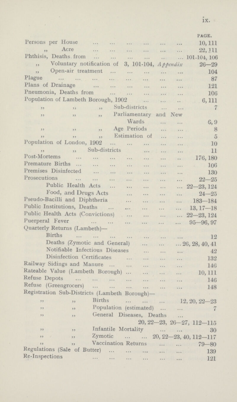 IX. PAGE. Persons per House 10, 111 Acre 22, 111 Phthisis, Deaths from 101-104, 106 ,, Voluntary notification of 3, 101-104, Appendix 26—29 „ Open-air treatment 104 Plague 87 Plans of Drainage 121 Pneumonia, Deaths from 106 Population of Lambeth Borough, 1902 6, 111 „ „ ,, Sub-districts 7 ,, „ ,, Parliamentary and New Wards 6,9 ,, „ ,, Age Periods 8 ,, ,, ,, Estimation of 5 Population of London, 1902 10 „ „ Sub-districts 11 Post-Mortems 176,180 Premature Births 106 Premises Disinfected 130 Prosecutions 22—25 Public Health Acts 22—23, 124 Food, and Drugs Acts 24—25 Pseudo-Bacilli and Diphtheria 183—184 Public Institutions, Deaths 13,17—18 Public Health Acts (Convictions) 22—23,124 Puerperal Fever 95—96, 97 Quarterly Returns (Lambeth)— Births 12 Deaths (Zymotic and General) 26, 28, 40, 41 Notifiable Infectious Diseases 42 Disinfection Certificates 132 Railway Sidings and Manure 146 Rateable Value (Lambeth Borough) 10, 111 Refuse Depots 146 Refuse (Greengrocers) 148 Registration Sub-Districts (Lambeth Borough)— Births 12,20,22—23 ,, „ Population (estimated) 7 „ ,, General Diseases, Deaths 20,22—23, 26—27, 112—115 ,, ,, Infantile Mortality 30 Zymotic 20,22—23,40,112—117 ,, ,, Vaccination Returns 79—80 Regulations (Sale of Butter) 139 Re-Inspections 121