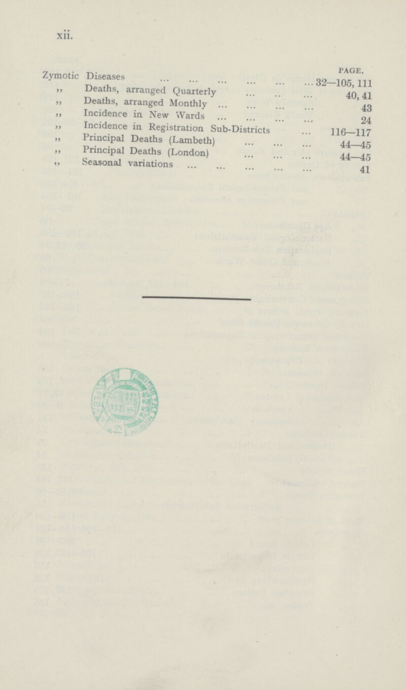 xii. PAGE. Zymotic Diseases 32—105, 111 ,, Deaths, arranged Quarterly 40,41 „ Deaths, arranged Monthly 43 „ Incidence in New Wards 24 ,, Incidence in Registration Sub-Districts 116—117 „ Principal Deaths (Lambeth) 44—45 „ Principal Deaths (London) 44—45 „ Seasonal variations 41