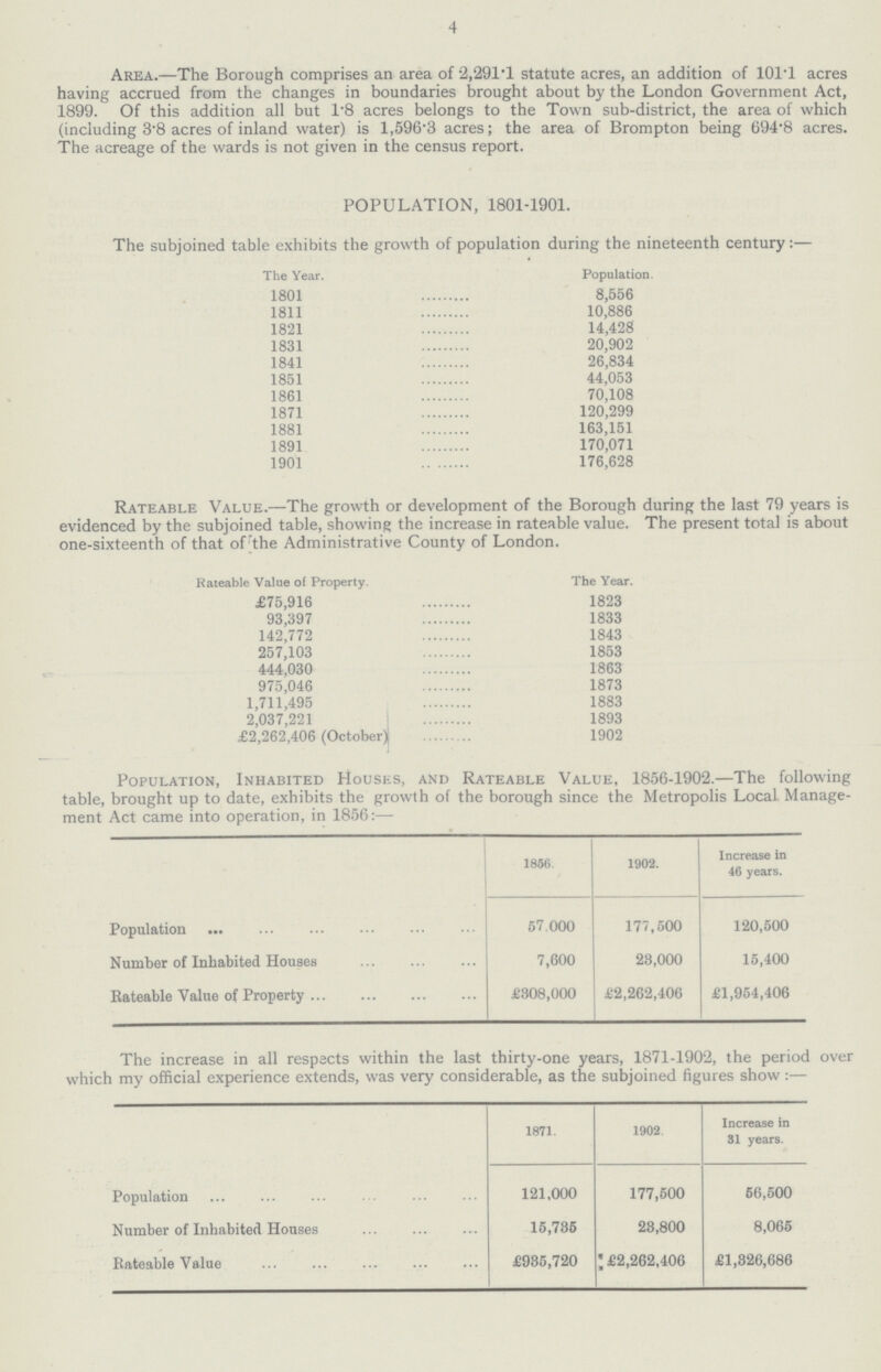 4 Area.—The Borough comprises an area of 2,291.1 statute acres, an addition of 101.1 acres having accrued from the changes in boundaries brought about by the London Government Act, 1899. Of this addition all but 1.8 acres belongs to the Town sub-district, the area of which (including 3.8 acres of inland water) is 1,596.3 acres; the area of Brompton being 694.8 acres. The acreage of the wards is not given in the census report. POPULATION, 1801-1901. The subjoined table exhibits the growth of population during the nineteenth century:— The Year. Population. 1801 8,556 1811 10,886 1821 14,428 1831 20,902 1841 26,834 1851 44,053 1861 70,108 1871 120,299 1881 163,151 1891 170,071 1901 176,628 Rateable Value.—The growth or development of the Borough during the last 79 years is evidenced by the subjoined table, showing the increase in rateable value. The present total is about one-sixteenth of that of the Administrative County of London. Rateable Value of Property. £75,916 1823 93,397 1833 142,772 1843 257,103 1853 444,030 1863 975,046 1873 1,711,495 1883 2,037,221 1893 £2,262,406 (October) 1902 Population, Inhabited Houses, and Rateable Value, 1856-1902.—The following table, brought up to date, exhibits the growth of the borough since the Metropolis Local Manage ment Act came into operation, in 1856:— 1856. 1902. Increase in 46 years. Population 57,000 177,500 120,500 Number of Inhabited Houses 7,600 28,000 15,400 Rateable Value of Property £308,000 £2,262,406 £1,954,406 The increase in all respects within the last thirty-one years, 1871-1902, the period over which my official experience extends, was very considerable, as the subjoined figures show:— 1871. 1902. Increase in 31 years. Population 121,000 177,500 66,500 Number of Inhabited Houses 15,735 23,800 8,065 Rateable Value £935,720 £2,262,406 £1,326,686 The Year.