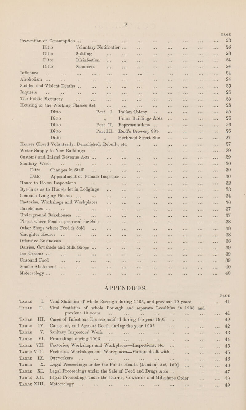 2 PAGE Prevention of Consumption 23 Ditto Voluntary Notification 23 Ditto Spitting 23 Ditto Disinfection 24 Ditto Sanatoria 24 Influenza 24 Alcoholism 24 Sudden and Violent Deaths 25 Inquests 25 The Public Mortuary 25 Housing of the Working Classes Act 25 Ditto Part I. Italian Colony 25 Ditto „ Union Buildings Area 26 Ditto Part 11. Representations 26 Ditto Part 111. Eeid's Brewery Site 26 Ditto ~ Herbrand Street Site 27 Houses Closed Voluntarily, Demolished, Rebuilt, etc. 27 Water Supply to New Buildings 29 Customs and Inland Revenue Acts 29 Sanitary Work 30 Ditto Changes in Staff 30 Ditto Appointment of Female Inspector 30 House to House Inspections 32 Bye-laws as to Houses let in Lodgings 33 Common Lodging Houses 34 Factories, Workshops and Workplaces 36 Bakehouses 37 Underground Bakehouses 37 Places where Food is prepared for Sale 38 Other Shops where Food is Sold 38 Slaughter Houses 38 Offensive Businesses 38 Dairies, Cowsheds and Milk Shops 39 Ice Creams 39 Unsound Food 39 Smoke Abatement 40 Meteorology 40 APPENDICES. PAGE Table I. Vital Statistics of whole Borough during 1903, and previous 10 years 41 Table 11. Vital Statistics of whole Borough and separate Localities in 1903 and previous 10 years 41 Table 111. Cases of Infectious Disease notified during the year 1903 42 Table IV. Causes of, and Ages at Death during the year 1903 42 Table V. Sanitary Inspectors' Work 43 Table VI. Proceedings during 1903 44 Table VII. Factories, Workshops and Workplaces—lnspections, etc. 45 Table VIII. Factories, Workshops and Workplaces—Matters dealt with 45 Table IX. Outworkers 46 Table X. Legal Proceedings under the Public Health (London) Act, 1891 46 Table XI. Legal Proceedings under the Sale of Food and Drugs Acts 47 Table XII. Legal Proceedings under the Dairies, Cowsheds and Milkshops Order 49 Table XIII. Meteorology 49