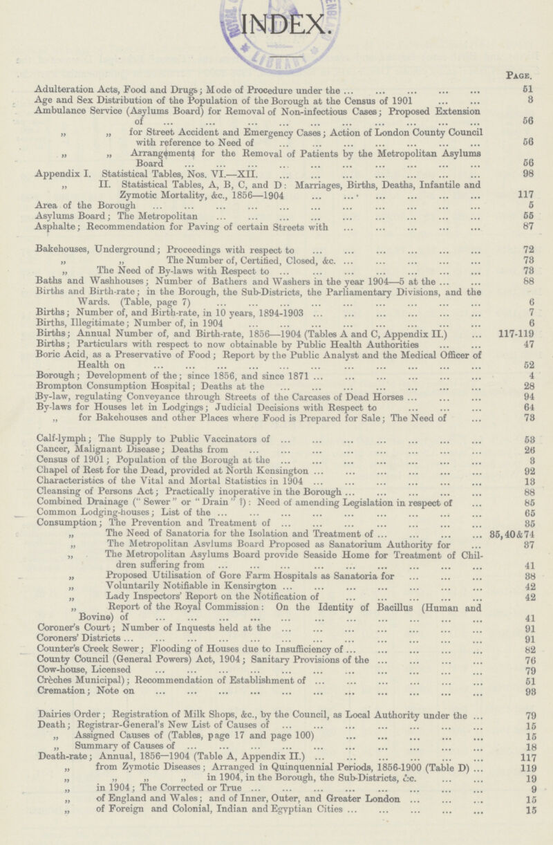 INDEX. Page. Adulteration Acts, Food and Drugs; Mode of Procedure under the 51 Age and Sex Distribution of the Population of the Borough at the Census of 1901 3 Ambulance Service (Asylums Board) for Removal of Non-infectious Cases; Proposed Extension of 56 „ „ for Street Accident and Emergency Cases; Action of London County Council with reference to Need of 56 „ „ Arrangements for the Removal of Patients by the Metropolitan Asylums Board 56 Appendix I. Statistical Tables, Nos. VI.—XII. 98 „ II. Statistical Tables, A, B, C, and D: Marriages, Births, Deaths, Infantile and Zymotic Mortality, &c., 1856—1904 117 Area of the Borough 5 Asylums Board; The Metropolitan 55 Asphalte; Recommendation for Paving of certain Streets with 87 Bakehouses, Underground; Proceedings with respect to 72 „ „ The Number of, Certified, Closed, &c. 73 „ The Need of By-laws with Respect to 73 Baths and Washhouses; Number of Bathers and Washers in the year 1904—5 at the 88 Births and Birth-rate; in the Borough, the Sub-Districts, the Parliamentary Divisions, and the Wards. (Table, page 7) 6 Births; Number of, and Birth-rate, in 10 years, 1894-1903 7 Births, Illegitimate; Number of, in 1904 6 Births; Annual Number of, and Birth-rate, 1856—1904 (Tables A and C, Appendix II.) 117-119 Births; Particulars with respect to now obtainable by Public Health Authorities 47 Boric Acid, as a Preservative of Food; Report by the Public Analyst and the Medical Officer of Health on 52 Borough; Development of the; since 1856, and since 1871 4 Brompton Consumption Hospital; Deaths at the 28 By-law, regulating Conveyance through Streets of the Carcases of Dead Horses 94 By-laws for Houses let in Lodgings; Judicial Decisions with Respect to 64 „ for Bakehouses and other Places where Food is Prepared for Sale; The Need of 73 Calf-lymph; The Supply to Public Vaccinators of 53 Cancer, Malignant Disease; Deaths from 26 Census of 1901; Population of the Borough at the 3 Chapel of Rest for the Dead, provided at North Kensington 92 Characteristics of the Vital and Mortal Statistics in 1904 13 Cleansing of Persons Act; Practically inoperative in the Borough 88 Combined Drainage (Sewer or Drain ?): Need of amending Legislation in respect of 85 Common Lodging-houses; List of the 65 Consumption; The Prevention and Treatment of 35 „ The Need of Sanatoria for the Isolation and Treatment of 35,40&74 „ The Metropolitan Asylums Board Proposed as Sanatorium Authority for 37 „ The Metropolitan Asylums Board provide Seaside Home for Treatment of Chil dren suffering from 41 „ Proposed Utilisation of Gore Farm Hospitals as Sanatoria for 38 „ Voluntarily Notifiable in Kensington 42 „ Lady Inspectors' Report on the Notification of 42 „ Report of the Royal Commission: On the Identity of Bacillus (Human and Bovine) of 41 Coroner's Court; Number of Inquests held at the 91 Coroners' Districts 91 Counter's Creek Sewer; Flooding of Houses due to Insufficiency of 82 County Council (General Powers) Act, 1904; Sanitary Provisions of the 76 Cow-house, Licensed 79 Crèches Municipal); Recommendation of Establishment of 51 Cremation; Note on 93 Dairies Order; Registration of Milk Shops, &c., by the Council, as Local Authority under the 79 Death; Registrar-General's New List of Causes of 15 „ Assigned Causes of (Tables, page 17 and page 100) 15 „ Summary of Causes of 18 Death-rate; Annual, 1856—1904 (Table A, Appendix II.) 117 „ from Zymotic Diseases; Arranged in Quinquennial Periods, 1856-1900 (Table D) 119 „ „ „ „ in 1904, in the Borough, the Sub-Districts, &c. 19 „ in 1904; The Corrected or True 9 „ of England and Wales; and of Inner, Outer, and Greater London 15 „ of Foreign and Colonial, Indian and Egyptian Cities 15