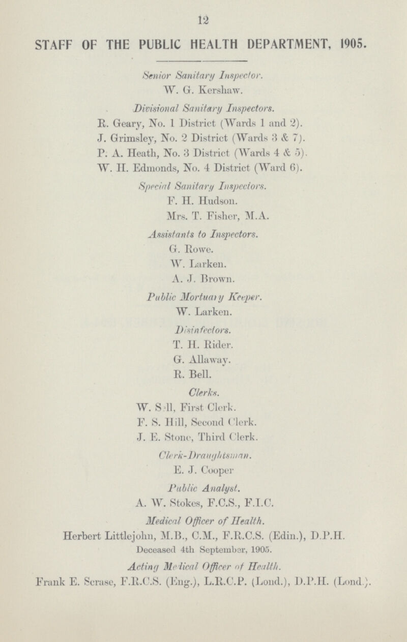 12 STAFF OF THE PUBLIC HEALTH DEPARTMENT, 1905. Senior Sanitary Inspector. W. G. Kershaw. Divisional Sanitary Inspectors. R. Geary, No. 1 District (Wards 1 and 2). J. Grimsley, No. 2 District (Wards 3 & 7). P. A. Heath, No. 3 District (Wards 4 & 5). W. H. Edmonds, No. 4 District (Ward 6). Special Sanitary Inspectors. F. H. Hudson. Mrs. T. Fisher, M.A. Assistants to Inspectors. G. Rowe. W. Darken. A. J. Brown. Public Mortuaty Keeper. W. Larken. Disinfectors. T. H. Rider. G. Allaway. R. Bell. Clerks. W. Sell, First Clerk. F. S. Hill, Second Clerk. J. E. Stone, Third Clerk. Clerk-Draughtsman. E. J. Cooper Public Analyst. A. W. Stokes, F.C.S., F.I.C. Medical Officer of Health. Herbert Littlejohn, M.B., C.M., F.R.C.S. (Edin.), D.P.H. Deceased 4th September, 1905. Acting Medical Officer of Health. Frank E. Scrase, F.R.C.S. (Eng.), L.R.C.P. (Lond.), D.P.H. (Lond.).