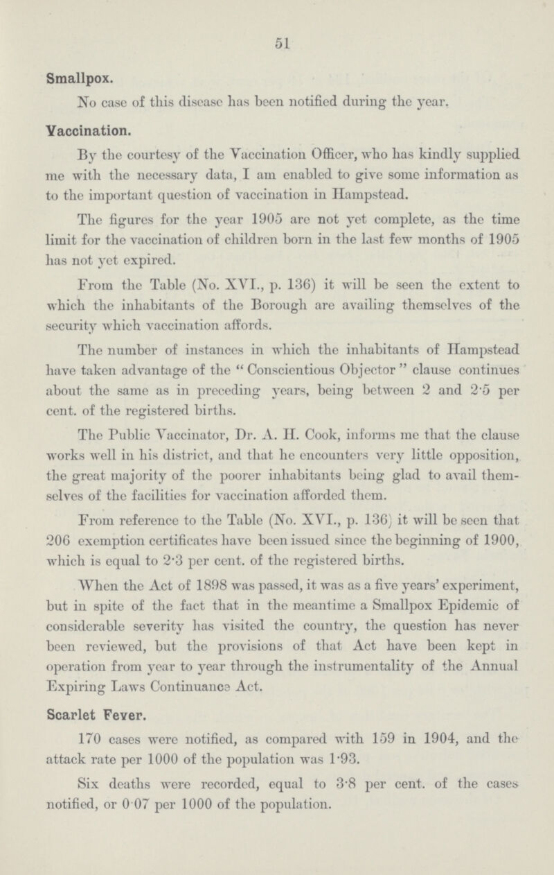 51 Smallpox. No case of this disease has been notified during the year. Vaccination. By the courtesy of the Vaccination Officer, who has kindly supplied me with the necessary data, I am enabled to give some information as to the important question of vaccination in Hampstead. The figures for the year 1905 are not yet complete, as the time limit for the vaccination of children born in the last few months of 1905 has not yet expired. From the Table (No. XVI., p. 136) it will be seen the extent to which the inhabitants of the Borough are availing themselves of the security which vaccination affords. The number of instances in which the inhabitants of Hampstead have taken advantage of the  Conscientious Objector clause continues about the same as in preceding years, being between 2 and 2.5 per cent. of the registered births. The Public Vaccinator, Dr. A. II. Cook, informs me that the clause works well in his district, and that he encounters very little opposition, the great majority of the poorer inhabitants being glad to avail them selves of the facilities for vaccination afforded them. From reference to the Table (No. XVI., p. 136) it will be seen that 206 exemption certificates have been issued since the beginning of 1900, which is equal to 2.3 per cent. of the registered births. When the Act of 1898 was passed, it was as a five years' experiment, but in spite of the fact that in the meantime a Smallpox Epidemic of considerable severity has visited the country, the question has never been reviewed, but the provisions of that Act have been kept in operation from year to year through the instrumentality of the Annual Expiring Laws Continuance Act. Scarlet Feyer. 170 cases were notified, as compared with 159 in 1904, and the attack rate per 1000 of the population was 1.93. Six deaths were recorded, equal to 3.8 per cent. of the cases notified, or 0.07 per 1000 of the population.
